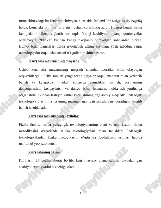 xossalari, molekula va atomlarning tuzilishi, energiyaning bir shakldan boshqasiga o‗tishi kabi jarayonlar fizika qonuniyatlari bilan bevosita bog‗liqdir. misol uchun, qizib ketgan jismning sovishi yoki muzlatilgan suvning muzlash jarayoni fizika va kimyo fanlarining birlashgan nuqtasini tashkil etadi. bu kabi integratsiya o‗quvchilarga fizika qonuniyatlarini aniq va amaliy misollar orqali tushunishga yordam beradi. biologiya fanidan foydalanish esa o‗quvchilarga fizikaning biologik jarayonlardagi o‗rnini tushunishga imkon beradi. masalan, organizmda energiya almashinuvini o‗rganishda, organizmdagi termoregulyatsiya jarayonlari yoki mushaklar ishining fizikaviy asoslari haqida ma‘lumot berish orqali fizika va biologiya o‗rtasidagi o‗zaro aloqani ko‗rsatish mumkin. yana bir misol, biologiyada o‗rganiladigan insonning qon aylanish tizimi bilan bog‗liq bo‗lgan bosim qonuni fiziologik jihatdan tahlil qilinishi mumkin. bu esa o‗quvchilarga ikki fan o‗rtasidagi bog‗liqlikni yanada chuqurroq tushunishga yordam beradi. 7 geografiya fani ham fizika bilan chambarchas bog‗liqdir. geografiyada o‗rganiladigan atmosferadagi bosim, harorat, shamol va suv aylanishi kabi hodisalar, fizikaning asosiy qonunlari bilan to‗g‗ridan-to‗g‗ri aloqadordir. misol uchun, atmosferadagi harorat va bosimning o‗zgarishi, …