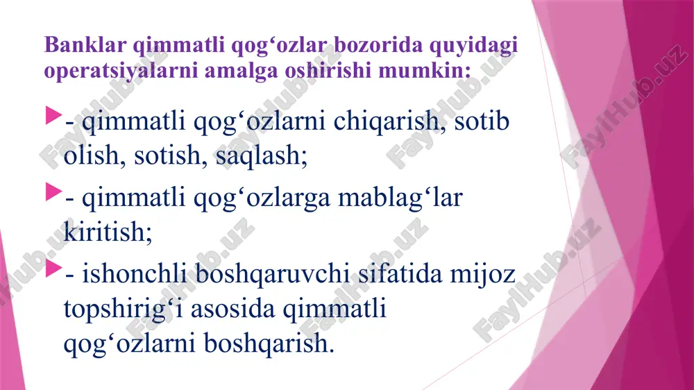 arining, talab va taklifning darajasini saqlab turish uchun oʻz zimmasiga birja bitimlarini tuzish majburiyatini olgan dilerdir. qimmatli qogʻozlar markaziy depozitariysi – depo hisobvaraqlari boʻyicha emissiyaviy qimmatli qogʻozlarni saqlashning, bunday qimmatli qogʻozlarga boʻlgan huquqlarni hisobga olishning va emissiyaviy qimmatli qogʻozlar harakatining yagona tizimini taʼminlovchi davlat depozitariysidir. kliring – qimmatli qogʻozlar savdosining tashkilotchilari tomonidan roʻyxatdan oʻtkazilgan qimmatli qogʻozlarga doir bitimlar boʻyicha oʻzaro majburiyatlarni aniqlash, aniqlashtirish va hisobga olishdir. fond birja savdolari turli shakllarda tashkil etilishi mumkin. oʻtkazish shakli boʻyicha savdolar: a) doimiy va sessiya shaklida; b) kontakt (anʼanaviy) va kontaksiz (elektron). amalga oshish shakli boʻyicha: a) ishonchnoma asosida birja savdosi (brokerlar); b) mustaqil birja savdolari (dilerlar). tashkil etish shakli boʻyicha savdo auksionlari: a) oddiy; b) murakkab auksionlarga boʻlinadi. oddiy auksion - yo xaridorlardan kelib tushgan arizalarni qabul qilgan sotuvchi tomonidan -yoki potensial sotuvchilardan manfaatli takliflar qidirayotgan xaridor tomonidan tashkil etilishi mumkin. ingliz auksioni – sotuvchilar savdo boshlanishidan oldin fond instrumentlarini boshlangʻich narxda …