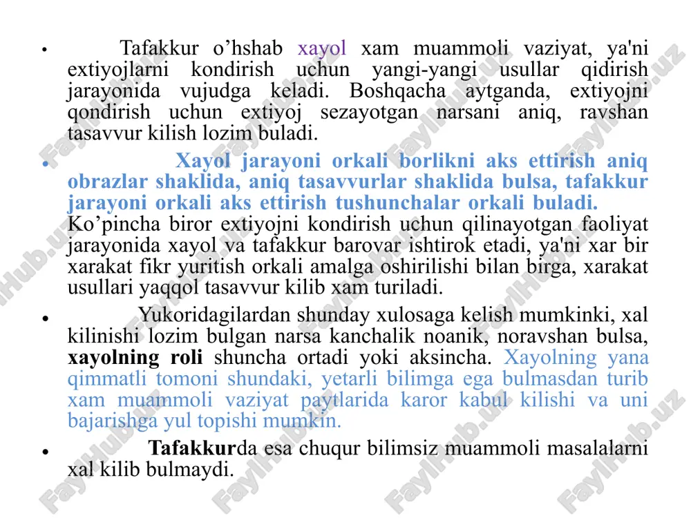 uzining paydo bulishiga kura ixtiyorsiz va ixtiyoriy buladi. ixtiyorsiz xayolda oldindan belgilangan maqsad bulmaydi, unda iroda faol ishtirok etmaydi, obrazlar uz-uzidan paydo buladi. ixtiyorsiz xayol avvalo shu paytda qondirilmagan extiyoj tufayli xosil buladi. masalan, kishi cho’lu-biyobonda ketayotib kattiq chanqasa, uning ko’z oldiga vodaprovod, buloq, ariq suvlarining obrazi kelaveradi. shirin xayol surish va orzu xam ixtiyorsiz vujudga keladi. kechasi uxlab yotgandagi tush kurish tufayli xilma-xil obrazlarning ko’z oldimizga kelishi xam ixtiyorsiz xayol materiallaridir. xayol sifatlari. kishilarning xayoli kengligi, mazmundorligi, kuchi va realligi, fantaziya boyligi jihatidan farq qiladi. xayol kengligi voqelikning kishilar faoliyati uchun bo’ladigan doirasi bilan belgilanadi. xayol kengligi voqelikning kishilar faoliyati uchun bo'ladigan doirasi bilan belgilanadi. xayolning unumdorligi biror narsaga nisbatan xayolning boyligi, xilma-xilligi bilan belgilanadi. kuchli xayolda odam juda tez ta'sirlanadi. xayol kuchi xissiyotga boglik buladi. kishining xissiyoti qanchalik kuchli, extirosli bo’lsa, xayol obrazlari xam shunchalik kuchli, yorkin va jonli buladi. xayol kuchi quyidagilarga bog'liq bo'ladi: xayol kuchi ehtiyoj, …