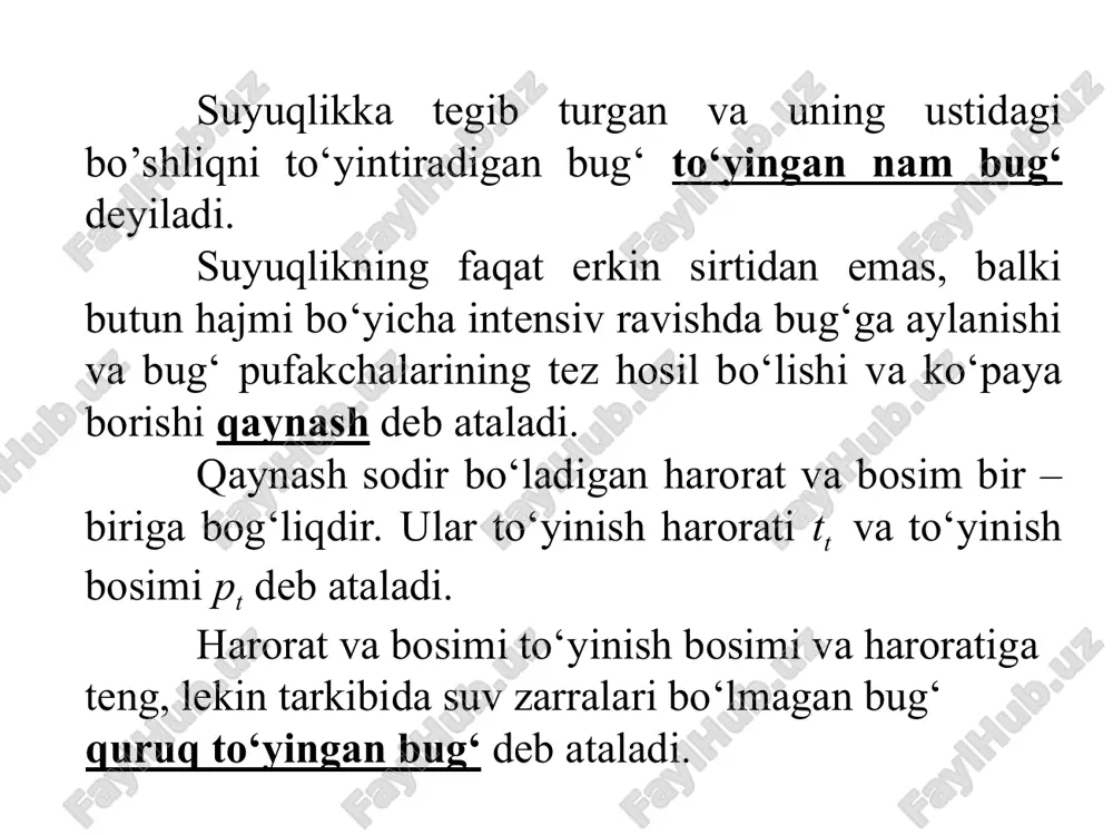 ,48 k bo‘ladi. ya’ni temperatura ortishi hajmni 1,4 marta orttirsa, bosim ortishi esa hajmni 40 marta kamaytiradi. kritik bosimda 2 va 3 nuqtalar ustma-ust tushadi. shu nuqta kritik nuqta deb aytiladi va k harfi bilan belgilanadi. shu nuqta moddaning kritik holatiga mos kelib, unda suyuqlik va gaz o‘rtasidagi farq yo‘qoladi. shu nuqtadagi modda parametrlari kritik parametrlar deb aytiladi. masalan, suv uchun pk=22,1145 mpa, tk=647,266 k va vk=0,003147 m3/kg; simob uchun pk=100 mpa, tk=1673 k; ammiak uchun pk=10,99 mpa va tk=406 k; co2 uchun pk=7,32 mpa, tk=304,5 k. kritik temperatura bug‘ning maksimal to‘yinish temperaturasi bo‘ladi. kritik temperaturadan yuqorida faqat o‘ta qizigan bug‘lar va gazlar bo‘lishi mumkin. kritik temperatura haqidagi tushunchani 1860 yili d.i. mendeleev berdi. bu temperatura shunday temperaturaki, undan yuqori temperaturada (bosim qanday bo‘lishidan qat’iy nazar) gazni suyuqlikka aylantirib bo‘lmaydi. pv – diagrammadagi 1,2 va 3 – nuqtalarni birlashtirib, uchta chiziq olamiz: i – 0s dagi suv uchun; ii – …