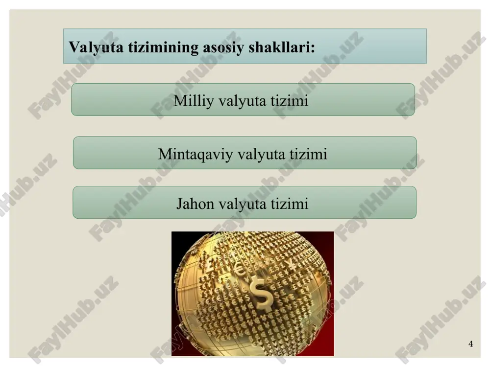qishda cheklovlar oʻrnatilmaganligi, ichki bozorlarda qog’oz pullar oltin tangalar bilan bir qatorda muomalada boʻlishi. oltin andozasi amalda boʻlgan davrlarda oltin paritetidan foydalanilgan. * oltin pariteti – rasmiy oltin tarkibiga koʻra turli mamlakatlar pul birliklarining oʻzaro nisbatini ifodalaydi. oltin pariteti valyuta kurslarini aniqlashda asos boʻlib xizmat qilgan va 1976 yilda xvf tomonidan bekor etilgan. ya’ni, aqshda 1 troya untsiya oltin (31, 1 g.) = 20, 672 usd ($) buyuk britaniyada 1 troya untsiya oltin= 4,248 gbp (£) oltinning valyutalardagi qiymati valyuta kursini aniqlashga xizmat qilardi: $ 20, 672 / £ 4,248 = 4, 866 , ya’ni £ 1 = $ 4, 866 * parij valyuta tizimi quyidagi tamoyillarga asoslangan edi: tizim asosini oltin tanga andozasi tashkil etishi; milliy pul birliklarining oltin tarkibi oʻrnatildi (buyuk britaniya – 1816 yildan, aqsh – 1837 yildan, germaniya- 1875 yildan, frantsiya – 1878 yildan); oltinga umumiy toʻlov vositasi sifatida jahon puli funktsiyasi berildi; markaziy banklar tomonidan …