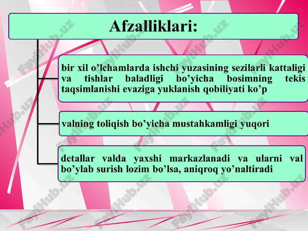 lar tashqi burchaklari raxli (1-rasm), shlisa (tish)ning asosidagi ichki burchaklari yumaloqlangan qilib tayyorlanadi. evolventaviy shlisali birikmalarda tashqi diametr va en yoqlari bo’yicha (2-rasm) markazlashtirish qo’llanadi. bulardan tashqari yordamchi silindrik (4-rasm) yoki yordamchi vtulkalardan foydalanib, konussimon sirtlar bo’yicha markazlashtirish ham qo’llanadi. bunday birikmalar radial yuklanishlar va eguvchi momentlarni yaxshi qabul qiladi. tutashish turlarini tanlashda birikmaning qo’zg’almas yuklanish bilan yoki yuklanishsiz harakatlanishini hisobga olish zarur. to’g’ri tishli shlisali birikmalar faqat burovchi momentni (ilashish muftalari), burovchi moment va radial kuchni (valni to’g’ri tishli g’ildirak, zanjirli uzatmaning yulduzchasi, tasmali uzatmaning shkivi bilan biriktirish), burovchi va eguvchi moment hamda radial kuchni (valni konussimon tishli g’ildirak hamda gupchagi simmetrik bo’lmagan tishli g’ildirak bilan biriktirish) uzatishi mumkin. vintsimon, konussimon va yonbosh tishli birikmalar shular bilan birga o’q bo’ylab yo’nalgan kuchlarni ham uzatadi. shlisali birikmalarning ishlash qobiliyati va ularni hisoblashning asosiy mezonlari shlisali birikmalarning ishlash qobiliyatining va ular-ni hisoblashning asosiy mezonlari quyidagilar bo’ladi: 1. ishchi sirtlarning ezilishiga qarshiligi; …