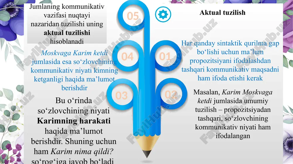 kan, uni “grammatik kesimlik”ka qarama-qarshi qo‘yadi. agar mantiqiy urg‘u fe’lda yoki predikativ so‘zda bo‘lsa, intonatsion kesim bilan grammatik kesimning bir-biriga muvofiq kelishi, boshqa hollarda esa, bir-biridan farq qilishi, intonatsion kesimning grammatik kategoriya emasligi haqida ma’lumot beradi bu hodisaning aktual bo‘linish termini ostida maxsus o‘rganish mashhur chex tilshunosi v.mateziusga tegishli. u xix asr fransuz tilshunosi a.veylning ayrim g‘oyalariga tayangan holda birinchi marta aktual bo‘linish muammosi lingvistikaga oid ekanligini isbotladi. u aktual bo‘linishning sintaktik bo‘linish bilan munosabati va undan farqini ko‘rsatib berdi. aktual bo‘linish ma’lum grammatik vositalarga asoslanishi ko‘rsatiladi. v.matezius tilshunoslikning navbatdagi vazifasi gapning shakliy va aktual bo‘linishlari o‘rtasidagi munosabatni konkret materiallar asosida ko‘rsatishdan iboratligini ta’kidladi. v.mateziusning aktual bo‘linish nazariyasi uning izdoshlari f.danesh, skalichka, y.firabs. p.adames, i.mistriklar tomonidan yanada chuqurlashtirildi. natijada bu nazariya faqat chex tilshunosligidagina emas, balki jahon tilshunosligida ham keng tarqaldi. v.matezius aktuallashish gap bo‘laklarining normal tartibi va intonatsion tuzilishining bosh paradigmatik a’zoga nisbatan o‘zgarishi hamda bu jumlaning sintagmatik tobe …