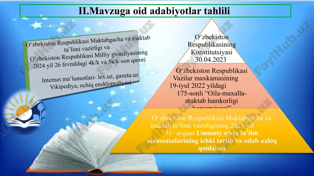 bar (tyutor) tayinlash.tyutor lavozimidagi hodim yoshlarni davomati va boshqa tashkiliy ishlarni qilishi kerak tuman,shaxar mmtb bo‘limi bilan kelishilgan xolda o‘zbekiston respublikasi moliya vazirligiga taklif kiritish tuman mmtb boshlig‘i va maktab direktori va direktor o‘rinbosarlari o‘quv yili boshida o‘quvchilarni darslarga bo‘lgan qiziqishini oshirish, ko‘p dars qoldiradigan o‘quvchilarning darsga qiziqishi ortadi 3 ota-onalar bilan yaqin aloqalarni o‘rnatish, ota-onalar kengashi bilan kelishilgan holda “bir ota-ona bir kun” tamoyili asosida ota-onani maktabga taklif qilish va ta’lim samaradorligini yaxshilash ota onalar kengashi bilan kelishilgan xolda bitta ona bir kun dars jarayonida qatnashadi va dars samaradorligini yahshilsh uchun o‘z fikirlarini yozma ravishda manaviy ma’rifiy ishlar bo‘yicha direktor o‘rinbosariga taqdim qiladi maktab ma’muriyati, mahalla faollari, ota onalar kengashi, sinf rahbarlari reja asosida, o’quv yili davomida darsni kuzatayotgan ota-onani ko‘rgan o ‘quvchilarda ta’lim olish bilan birga yaxshi tarbiya xam shkillanib boradi 4 o’quvchilarning bo’sh vaqtlarini mazmunli o’tkazishini ta’minlashga qaratilgan muhim vazifalar ijrosi o’quvchi yoshlarni iqtidori, qiziqishlari doirasida maktabda …
