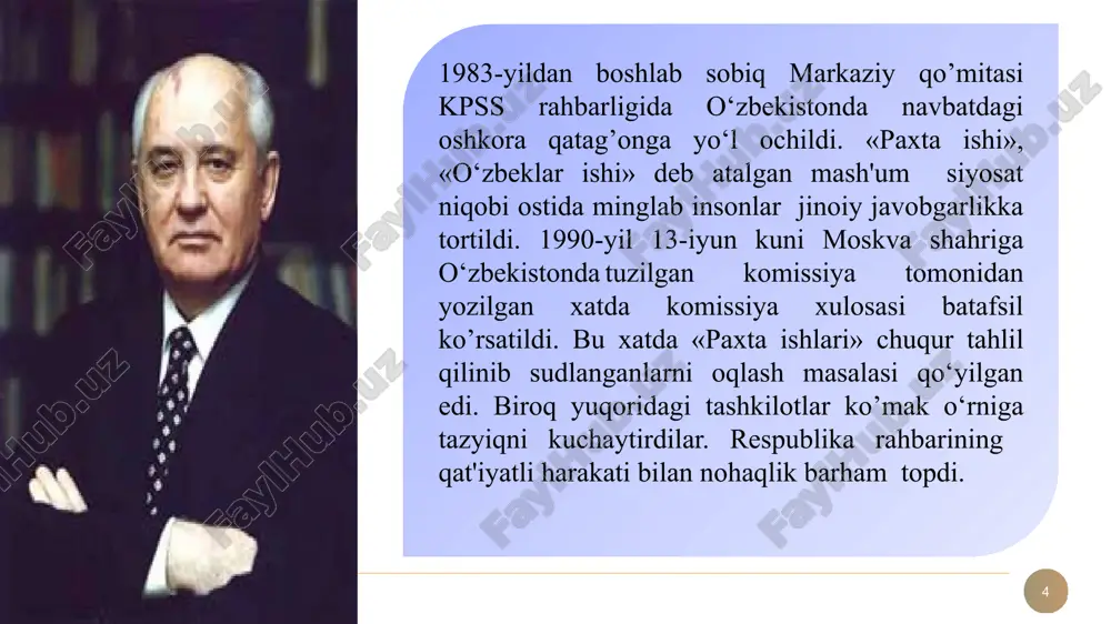 tlari , an'analari va tarixi tiklandi. o`zbekistonning eng yangi tarixi 7 14 o‘zbekistonning o‘ziga xos taraqqiyot yo‘li istoriya uzbekistana prezidentning «o‘zbekistonning o‘z istiqlol va taraqqiyot yo‘li» nomli asarida o‘zbekiston istiqlolining ham nazariy, ham amaliy muammolari ilmiy jihatdan o‘rganilib, jamiyat siyosiy rivojining, iqtisodiy taraqqiyotining, ma’naviy poklanishining asosiy yo‘l-yo‘riqlari yangicha mushohada va yondashuv bilan ko‘rsatib berdi. u o‘zining «o‘zbekistonning o‘z istiqlol va taraqqiyot yo‘li» asarida yangilangan jamiyatda yashovchi kishining siyosiy, iqtisodiy, ijtimoiy turmush tarzini kafolatlovchi yo‘llarni ko‘rsatdi. o`zbek modeli dasturi ishlab chiqildi o‘zbekistonda yangi davlat va jamiyat qurishning besh tamoyili 15 15 istoriya uzbekistana birinchi ikkinchi uchinchi iqtisodiyotning mafkuradan xoliligi va uning siyosatdan ustunligi. boshqacha aytganda, avval iqtisod, keyin siyosat davlatning o‘zi eski tuzumdan yangi tuzumga o‘tish davrida bosh islohotchi bo‘lishi, ya’ni uning mamlakatni davlatchilik, ijtimoiy va iqtisodiy sohalarda yangilashga qaratilgan islohotlarning tashabbuskori bo‘lish vazifasini o‘z zimmasiga olishi qonun ustuvorligi yoki barcha fuqarolarning qonun oldida tengligi 16 kuchli ijtimoiy siyosatni amalga oshirish, …