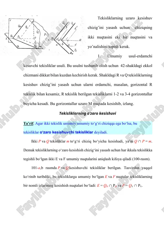 q va p tekisliklar bilan kesishish chiziqlarini aniqlash uchun tekisliklarni a, b va c, d, chiziqlarini 1, 2 va 3, 4 nuqtalarda kesganligi belgilanadi. bu nuqtalarni o‘zaro tutashtirganda, m1 va n1 chiziqlar hosil bo‘ladi, ya’ni: h1çq=m1 va h1çp=n1 bo‘ladi. m1 va n1 to‘g‘ri chiziqlarning kesishish nuqtasi e=m1çn1q va p tekisliklarga umumiy bo‘lgan birinchi nuqtadir. 104-rasm 105-rasm a) 106-rasm b) xuddi shu tartibda q va p tekisliklarning h2 gorizontal tekislik bilan kesishish chizig‘ini aniqlanadi. chizmada h2 tekislik a, b va c, d chiziqlarni 5, 6 va 7, 8 nuqtalarda kesadi. natijada: h2ç q = m2 va h2 ç p = n2 hosil bo‘ladi. rasmda h2 || h1 bo‘lgani uchun m2 || m1 va n2 || n1 bo‘ladi. q va p tekisliklarning ikkinchi umumiy f nuqtasi bo‘lib u m1 va n2 chiziqlarning o‘zaro kesishish nuqtasi bo‘ladi: f = m2 ç n2. har ikkala p va q tekisliklar uchun umumiy bo‘lgan e va …