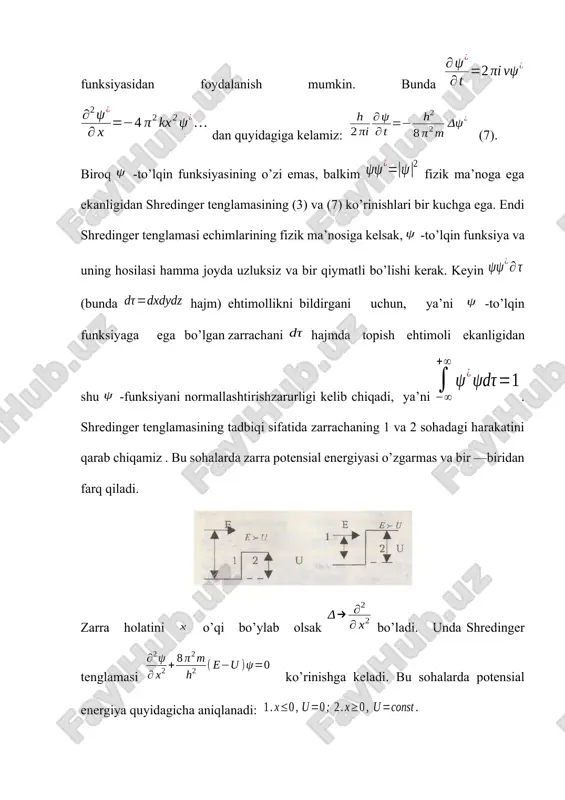 itishda u olgan qo’shimcha impuls baryerdan o’ngda topish imkoniyatini beradi. bu esa saqlanish qonuniga zid emas. endi yuqorigi hisoblarga ko’ra zarrachaning potensial baryerdan o’tishini qaraymiz. bunda shaffoflik koeffitsiyenti ga teng bo’ladi. zarracha bu holda potensial bar’erdan go’yoki tunneldan o’tganday o’tadi va shu sababli bu hodisa tunnel effekti deyiladi. klassik nuqtai — nazardan bunday bo’lishi mumkin emas. chunki bo’lganligidan zarracha to’siqdan o’ta olmaydi. lekin tunnel effekti — kvant hodisasidir. kvant mehanikasida esa noaniqlik prinsipiga asosan zarracha biror aniq t kinetik energiyaga ega deb bo’lmaydi, chunki uning imggulsi p ni aniq o’lchay olmaymiz. shu kabi, zarracha ma’lum potensial energiyaga ham ega deb bo’lmaydi, chunki uning koordinatasini aniq o’lchay olmaymiz. shu sababli, kvant mexanikasida to’la energiyani t va p energiyalarga ajratish ma’noga ega emas, faqat to’la energiya e ma’lum qiymatga ega bo’lib, uni aniq qiymatga ega t va u energiyalar yig’indisi ko’rinishida ifodalab bo’lmaydi. shu sababli baryer oldidagi zarraning t energiyasi manfiy deb …