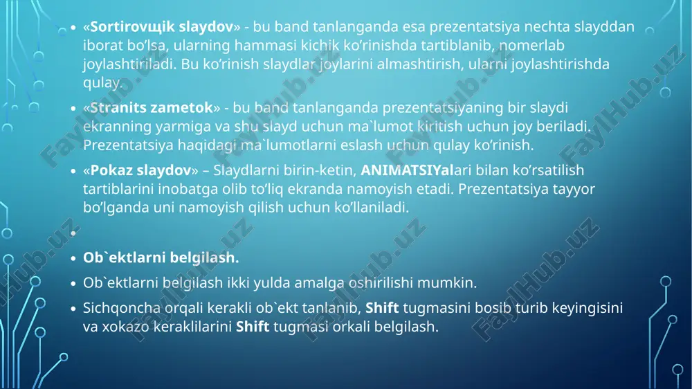 sh) darchasidagi «po helchku» oldiga belgi kuyiladi. 2. avtomatik ravishda (belgilangan vaktdan keyin). buning uchun 1-usuldagi ish takrorlanadi.fakat «prodvijenie» (harakatlanish) darchasida «avtomaticheski posle» oldiga belgi kuyiladi va uning tagida slaydlarning almashinish dakikasi kiritiladi. shundan sung «primenit ko vsem» (barcha slaydlarga kullash) yoki joriy (ish yuritayotgan) faylning slaydlarini almashtirish uchun «primenit» (kullash) buyruklari tanlanadi. e’tiboringiz uchun raxmat image2.png image3.png image4.png image5.png /docprops/thumbnail.jpeg