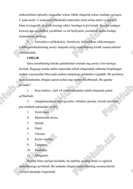 lar, qismlar, turli xil moslamalar mashinasozlikda eng keng qo'llaniladi. ular nafaqat avtomobilda, balki kimyo, aviatsiya ishlab chiqarishda va kema qurishda ham talabga ega. bularning barchasi ushbu materiallarning maxsus kuchi, ularning issiqlik qarshiligi va korroziyaga chidamliligi bilan bog'liq. qora metallar ko'plab turdagi mahsulotlarni ishlab chiqarish uchun asosiy materialga aylanadi. quyidagilar eng keng tarqalgan: · redüktörlerin yon panellari; · rulmanlar; · vanalar; · fittingslar; · burmalar; · quvurlar; · avtomobillar va boshqa transport vositalarining tsilindrlari; · dumaloq; · traktorlar bo'yicha zanjir aloqalari; · tormoz barabanlari; · tashish; · kaplamalar va boshqalar. bu ro'yxatni muddatsiz davom ettirish mumkin, chunki qora metallar va ularning qotishmalarining ko'plab mahsulotlari bor. boshqa sohalarda qo'llanilishi qora metallar ishlatiladigan bir necha asosiy ob'ektlar mavjud: 1. kimyo sanoati. 1. mashinasozlik. 1. maxsus mebel ishlab chiqarish. 1. idishlarni tayyorlash. 1. strukturaviy qismlarni ishlab chiqarish. bu, albatta, to'liq ro'yxat emas, balki qora metallurgiya mahsulotlarining aksariyat qismini hisobga olgan holda eng keng tarqalgan …