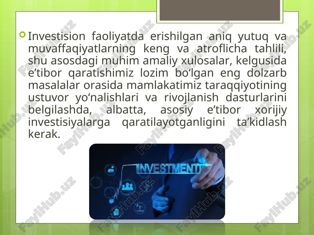 g‘ozlarni, jumladan qarz majburiyatlarini olish; tabiiy resurslarni qidirish, o‘zlashtirish, qazib olish yoki ulardan foydalanishga doir konsessiyalarni olish, shuningdek mahsulot taqsimotiga oid bitimlarda ishtirok etish; mulk huquqini, shu jumladan intellektual mulk obyektlariga bo‘lgan mulk huquqini, mualliflik huquqlarini, patentlar, tovar belgilari, foydali modellar, sanoat namunalari, firma nomlari va nou-xau, ishchanlik obro‘sini (gudvillni), shuningdek savdo va xizmat ko‘rsatish sohasi obyektlariga bo‘lgan mulk huquqini ular joylashgan yer uchastkalari bilan birgalikda olish; 7-modda. investitsiya resurslari investitsiya resurslari jumlasiga quyidagilar kiradi: pul mablag‘lari (shu jumladan chet el valyutasi) va boshqa moliyaviy mablag‘lar, shu jumladan kreditlar, paylar, ulushlar, aksiyalar va boshqa qimmatli qog‘ozlar; ko‘char va ko‘chmas mol-mulk (binolar, inshootlar, uskunalar, mashinalar va boshqa moddiy qimmatliklar) hamda ularga bo‘lgan huquqlar; intellektual mulk obyektlari, shu jumladan u yoki bu turdagi ishlab chiqarish turini tashkil etish uchun zarur bo‘lgan, texnik hujjatlar, ko‘nikmalar va ishlab chiqarish tajribasi tarzida rasmiylashtirilgan, patentlangan yoki patentlanmagan (nou-xau) texnik, texnologik, tijoratga oid va boshqa bilimlar; 10-modda. …