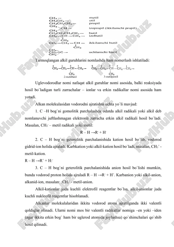 ar deb nomlaydilar. aksincha, atomlar bir-biriga yaqin joylashgan konformatsiyalarda (alkanlar misolida vodorod atomlari) barqarorlik past bo`ladi va ular to`siqli konformatsiyalar deyiladi. amalda turli konformatsiyalar dinamik muvozanatda turadilar, va bitta tormozlangan konformatsiya ikkinchisiga to`siqli orqali o`tishi burilish to`sig`i bilan belgilanadi. konformerlarni tarkibi va strukturasini hamda burilish energiyalarini aniqlash konformatsion taxlil vazifalari hisoblanadi. c – c bog`ni burilishini ko`rsatish uchun m. nyumen (1955) taklif qilgan ikki o`lchamli tasvirlardan foydalanish qulay. nyumen proyeksiyalari birikma mos c – c bog` bo`ylab qarash orqali olinadi. etan molekulasidagi burilish 7-rasmda ponasimon va punktir bog`lar hamda nyumen formulalari bilan tasvirlangan. etan molekulasida burilish to`sig`i 12, 57 kj/mol (3 kkal/mol) ni tashkil qiladi. metan molekulasini to`rtta bir xil c – h bog`li tetraedrik tuzilishi uglerod atomini sp3-gibridlanishi haqidagi gipotezaga olib keldi. to`rtta c – h bog` σ-bog` bo`lib, uglerod atomining sp3-gibridlangan orbitali va to`rtta vodorodni 1s-orbitallari ta`sirlashishidan hosil bo`ladi. bir nechta uglerod atomlari tutgan alkanlarda c – h …