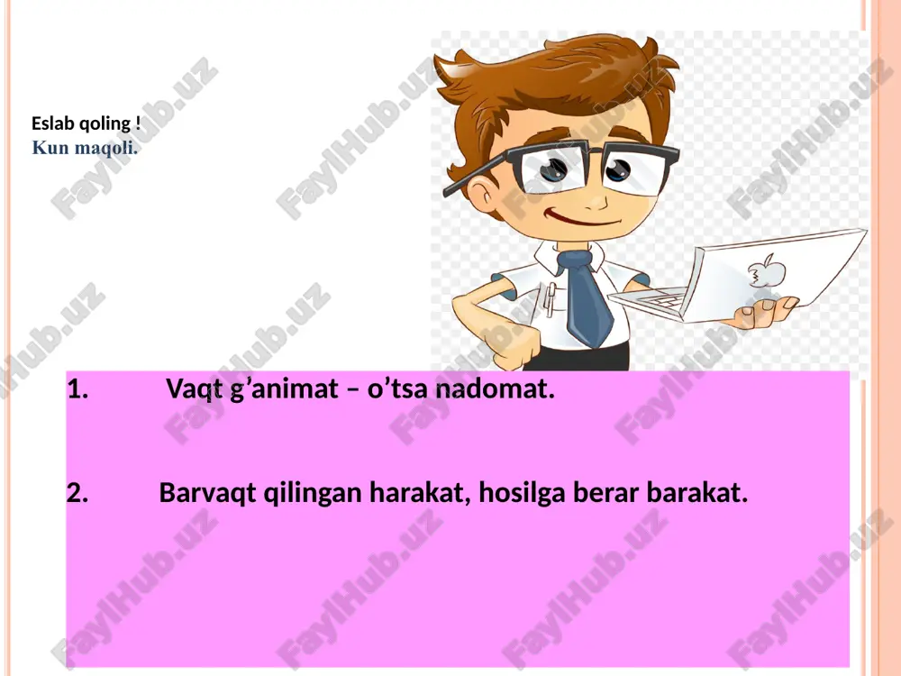daq.) 3.1.mavzu bo'yicha yakunlaydi, qilingan ishlarni kasbiy faoliyatlarida ahamiyatga ega muhimligiga talabalar e'tiborini kelgusida ekanligi qaratadi. 3.2. guruhlar ishini baholaydilar, o'quv maqsadga erishish darajasini mashg'ulotining tahlil qiladi. 3.3. mustaqil ish uchun topshiriq beradi va uning baholash mezonlarini etkazadi . o'zaro o'z-o'zini, baholashni o'tkazadilar. savol beradilar topshiriqni bajaradilar 4. o'quv jarayonining tashkiliy-didaktik ta'minotini ishlab chiqish va uni texnologik xaritada rasmiylashtirish. texnologik xaritaga ilova o'z ichiga quyidagilarni oladi: talabalar bilimini faollashtirish maqsadida qo'llaniladigan savollar ro'yxati; guruxlarda ishlash uchun yo'riqnoma, o'quv faoliyati natijasida talabalar tayanishi mumkin bo'lgan qoidalar (aqliy xujum qoidasi, guruxlarda ishlash qoidasi, munozara ishtirokchilariga eslatma); o'qituvchi tomonidan o'quv jarayonida foydalaniladigan slaydlar, jadvallar, va boshqa vizual materiallar; munozara o'tkazish uchun qo'shimcha savollar; baholash mezonlari va guruxlarda va yakka holdagi faoliyatni ko'rsatkichlari b.blum taksonomiyasi bo'yicha o'quv maqsadlari toifalariga mos keluvchi fe'llar namunalari № o'quv maqsadlari fe'llar 1. bilish qaytarib aytish qayd qilish nomlamoq, atamoq yozmoq ifodalash farqlash tanib olish aytib berish 2. tushunish …