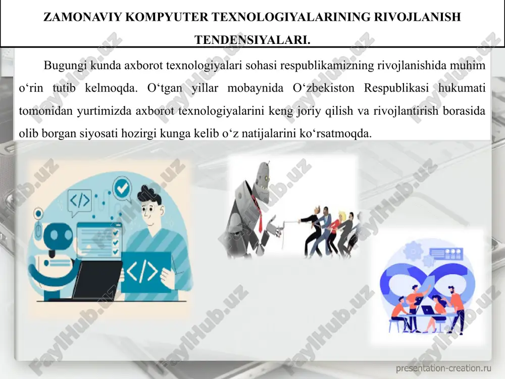 ppt/diagrams/_rels/drawing3.xml.rels ppt/media/image83.jpeg ppt/diagrams/_rels/drawing4.xml.rels ppt/diagrams/_rels/drawing5.xml.rels ppt/media/image85.jpeg ppt/diagrams/_rels/drawing6.xml.rels ppt/media/image86.jpeg ppt/diagrams/_rels/drawing7.xml.rels ppt/media/image59.png ppt/diagrams/_rels/drawing8.xml.rels ppt/diagrams/layout7.xml ppt/tablestyles.xml ppt/viewprops.xml ppt/presprops.xml docprops/core.xml docprops/app.xml ppt/media/model3d1.glb ppt/tags/tag1.xml ppt/media/model3d2.glb ppt/media/image15.png ppt/media/image29.png ppt/media/image3.png ppt/media/image30.png ppt/media/image31.png ppt/media/image32.png ppt/media/image60.png ppt/media/image84.png ppt/media/image89.png [content_types].xml _rels/.rels docprops/custom.xml mavzu : iqtisodiyotda zamonaviy iktining texnik ta’minoti . bugungi mavzuda : zamonaviy iktining texnik ta’minoti haqida tushuncha . zamonaviy kompyuter texnologiyalarining rivojlanish tendensiyalari 3d texnologiyalariga asoslangan texnik vositalar zamonaviy mobil qurilmalar va ularning bugungi kunda iqtisodiyotda tutgan o‘rni 1 2 3 bugungi kunda axborot texnologiyalari sohasi respublikamizning rivojlanishida muhim o ‘ rin tutib kelmoqda . o ‘ tgan yillar mobaynida o ‘ zbekiston respublikasi hukumati tomonidan yurtimizda axborot texnologiyalarini keng joriy qilish va rivojlantirish borasida olib borgan siyosati hozirgi kunga kelib o ‘ z natijalarini ko ‘ rsatmoqda . zamonaviy kompyuter texnologiyalarining rivojlanish tendensiyalari. zamonaviy kompyuter texnologiyalarining hozirgi holati quyidagi tendentsiyalar bilan tavsiflash mumkin : axborot tizimlari va texnologiyalarini rivojlantirishda asosiy tendentsiyalar 3d texnologiyalariga asoslangan texnik vositalar “d” atamasi …