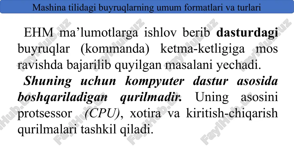 urasidagi murakkab buyruqlarning apparat versiyasidan samarali emasligini ko’rsatdi. risc-arxitekturasi elementlari birinchi bo'lib cray research kompaniyasining cdc 6600 hisoblash mashinalari va superehmlarida paydo bo'ldi. risc-arxitekturasi zamonaviy ehmlarda muvaffaqiyatli amalga oshirilmoqda, masalan, dec firmasining alpha protsessorlarida, hewlett-packard firmasining pa seriyasida, powerpc oilasida va boshqalarda. shuni esda tutingki, intel va amd firmalarining so'nggi mikroprotsessorlarida risc-arxitekturasiga xos g'oyalar keng qo'llanilmoqda, shuning uchun cisc va risc o'rtasidagi ko'pgina farqlar asta-sekinlik bilan yo’qolib bormoqda. cisc- va risc-arxitekturalaridan tashqari yana bitta turdagi – juda uzun buyruq so’zli (vliw) arxitekturasi ham mavjud. vliw kontseptsiyasi risc-arxitekturasiga asoslangan bo'lib, bu yerda bir nechta oddiy risc-buyruqlari bitta eng uzun buyruqqa birlashtiriladi va parallel ravishda bajariladi. vliw arxitekturasi riscdan, nisbatan kam farq qiladi. faqatgina hisoblashlarning qo'shimcha parallellik darajasi paydo bo'ldi, shuning uchun vliw arxitekturasini hisoblash mashinalariga emas, balki hisoblash tizimlariga yo’naltirilganligi mantiqan to'g'ri keladi. xarakteristikasi cisc risc vlim buyruqlar uzunlig turli xil yagona yagona buyruqda maydonlarni joylashishi turli xil o’zgarmas o’zgarmas registrlar …