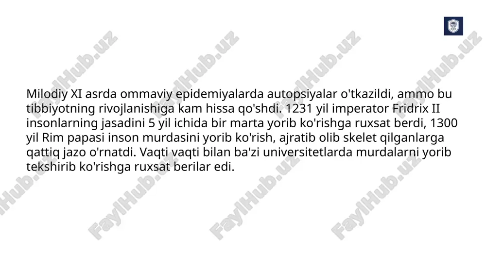 li kashfiyotlar yaratgan. rassomchilik va haykaltaroshlikga qiziqishi tufayli, leonardo da vinchi 1489—1514 yilda, asosan 1510— 1511yil-larda, shimoliy italiya kasalxonasida anatom torre 30 taga yaqin murdani tekshirdi va bu holatni rassom diqqat bilan kuzatib, rasmlarini chizdi. da vinchining 13 bobdan (200 varaqdan) iborat anatomik rasmlar asari saglanib qolgan. xvi asrlarda ilmiy anatomiyani yaratishda o'zining yirik kashfiyotlari bilan andrey vezaliy (1514-1564) katta hissa qo'shgan. vezaliy bel'giyada tug'ilgan. parijdagi monpel'e shahrida tibbiyot bo'yicha o'qidi. 1537 yilda vezaliy paduan univer-sitetida anatomiya bo'yicha professor lavozimini egalladi. sharqiy italiyan-andrey vezaliying yangi sharoitida vezaliy murdalarni yorish imkoniyatiga ega bo'ldi. bu esa vezaliyga inson tanasini tuzilishini o'rganishga va anatomiya bo'yicha dars berish imkonini yaratib berdi. vezaliy ma'ruzalarini murdalarda hamda tirik jonivorlarda tajriba asosida izohlab tushuntirardi. 1543 yilda vezaliy o'zining asosiy bo'lgan "inson tanasining tuzilishi haqida"gi asarida, tizimli ravishda skelet, nervlar, hazm a'zolari va jinsiy a'zolari, yurak va nafas a'zolari, miya va sezgi a'zolari to'g'risida tushuntirish berib ketgan. o'zining …