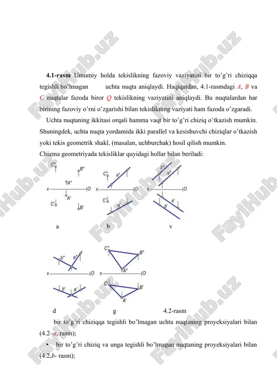 tekisligiga perpendikulyar tekislik gorizontal proyeksiyalovchi tekislik deyiladi. gorizontal proyeksiyalovchi m(mh, mv) tekislikning mv frontal izi ox o’qiga perpendikulyar bo’ladi (4.6,a,b- rasm), mh gorizontal izi esa ox o’qiga nisbatan ixtiyoriy burchakda joylashgan bo’ladi. bu tekislik gorizontal izi mh va ox o’q orasidagi burchak, m va v tekisliklar orasidagi burchakning haqiqiy qiymatiga teng bo’ladi. gorizontal proyeksiyalovchi tekislikka tegishli tekis geometrik shakllarning gorizontal proyeksiyalari to’g’ri chiziq bo’ladi va tekislikning gorizontal izi bilan ustma-ust tushadi (4.6 – b, rasm). 4.6-rasm b frontal proyeksiyalovchi tekislik ta‟rif. frontal proyeksiyalar tekisligiga perpendikulyar bo’lgan tekislik frontal proyeksiyalovchi tekislik deyiladi. frontal proyeksiyalovchi n(nh, nv) tekislikning gorizontal nh izi ox o’qiga perpendikulyar bo’ladi (4.7,a-rasm), frontal nv izi esa ixtiyoriy burchakda joylashgan bo’ladi. frontal proyeksiyalovchi tekislikning frontal nv izining ox o’qi bilan hosil qilgan burchagi n va h tekisliklar orasidagi burchakning haqiqiy qiymatiga teng. frontal proyeksiyalovchi tekislikka tegishli bo’lgan tekis shakllarning frontal proyeksiyalari to’g’ri chiziq bo’ladi va b a 4.7-rasm tekislikning …