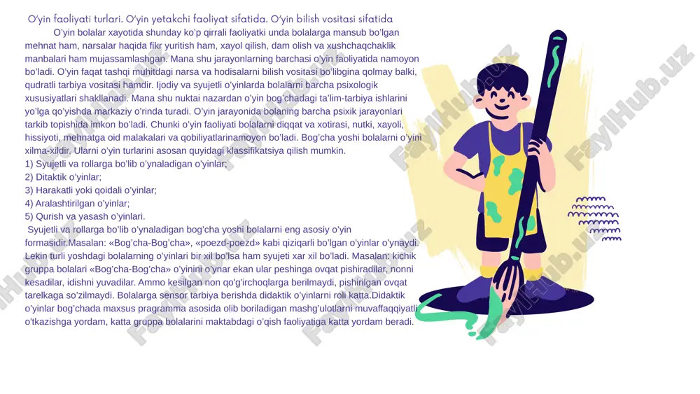 larining mazmuni nihoyatda tor bo‘ladi. bolalar o‘sib ulg‘aygan sari ular o‘yinining sujeti tobora boyib, xilma-xillashib boradi. o‘yin turining ko‘payishi bilan birga o‘yinga sarf qilinadigan vaqt ham ortib boradi. masalan, uch yosh­li bolalar 10—15 daqiqa mobaynida o‘ynaydigan bo‘lsalar, 4—5 yoshli bolalar esa 40—50 daqiqa davomida o‘yin faoliyati bilan shug‘ullanadilar. katta yoshdagi bog‘cha bolalarida o‘yin faoli­yati bir necha soat va hatto bir kundan ortiq vaqt mobaynida davom etishi mumkin. bir xil mazmundagi o‘yinlar kichik yoshdagi bog‘cha bolalarida ham, katta yoshdagi bog‘cha bolalarida ham uchraydi (masalan, «ona-bola» o‘yini «bog‘cha» o‘yini kabi). tur­li yoshdagi bog‘cha bolalari o‘yinlarining nomi bir xil bo‘lsa ham, mazmuni har xil bo‘ladi. chunki, kichik yoshdagi bola­lar voqelikning ayrim tomonlarini aks ettirsalar, katta yoshdagi bolalar o‘z o‘yinlarida voqelikning boshqa tomonlarini aks ettiradilar. ma’lumki, mazmunli va rol­larga bo‘linib o‘ynaladigan o‘yinlarning o‘z qonun-qoidalari mavjud. bu qonun-qoidalarga rioya qilishda bolalar o‘z iroda kuchlarini ishga soladilar. binobarin, o‘yin faoliyati davomida bolalarning irodaviy sifatlari ham jadal …