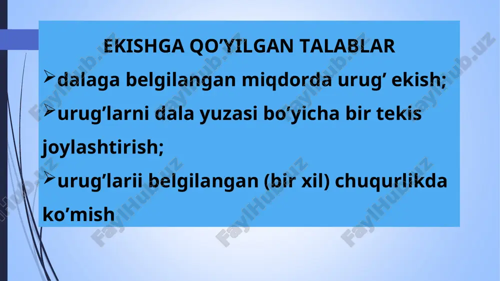 h seyalkalari sxu-4 rusumli universal paxta seyalkasi smx-4 rusumli modulli paxta seyalkasi keys-1200 rusumli pnevmatik seyalka g’alla urug’ini ekish mashinalari don urug’larini ekish usullari: birinchi usul – sz-3,6; szn-3,6 va mahalliy dem-3,6 seyalkalari yordamida ochiq va pushta olingan maydonlarga ekish. ikkinchi usul - qayta jihozlangan kxu-4 paxta kultivatori yordamida g’o’za qator oralariga ekish. sz-3,6a rusumli seyalka dem-3,6 rusumli seyalka kxu-4 rusumli kultivator ekinlar urug’i ekishning texnologik jarayoni ekinlar urug’ini maqbul ko’mish chuqurligini asoslash qishloq xo’jaligi ekinlarining hosildorligini oshirishda eng muhim tadbirlardan biri urug’ ekish ishlarini belgilangan muddatlarda va maqbul chuqurlikka sifatli qilib ekishdan iborat. urug’larni ko’mish chuqurligi –chigit ekishda 3-6 sm, bug’doyda - 4-6 sm, kartoshkada-8-16 sm, sabzi, piyozda- 1,5-2 sm, saksaul urug’ini ekishda 0,5-1 sm bo’lib, urug’larning o’suvchan-lik energiyasi hamda tuproqning holatiga (namligi va harorati) bog’lik holda aniqlanadi. ekinlar urug’ini ekish usullari urug’larning quyidagi xususiyatlariga qarab ekish usullari tanlanadi: ekinlarning o’sish balandligi, hosildorligi, ularni parvarishlash xossalari (suvlida, lalmida, tuvakda, …