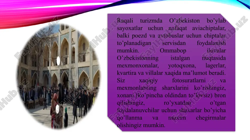 biznes turi – bunda turistik kompaniyalar turistik hizmatarning o’ziga xos xususiyatlaridan kelib chiqqan holda o’z oflayn bizneslariga elektron tijoratnig bir qator elementlarini qo’shib qo’yadilar, shu jumladan, shunga mos bo’lgan internet-magazin tashkil qilishlari yoki onlayn maslahatlar berishlari mumkin; to’liq onlayn biznes turi–ushbu turdagi biznesni internet tarmog’ida bemalol ishlay oladigan kompaniyalar tashkil qila oladilar. bularga misol qilib mexmonxonalarni bron qiladigan, biletlar sotadigan, mobil ilovalar bilan shug’ullanadigan agregatorlarni keltirish mumkin. mamlakatimizda turizm sohasini raqamlashtirish uchun jahonda mashxur bo’lgan rezervlash tizimiga (global distribution sestems - gds) o’tishimiz darkor. bular: amadeus, galelio, sabre, va worldspan. ular jami mehmonxonalar bozorining 90% dan ko’prog’ini qamrab olgan. ularning terminallari yer yuzidagi 400 mingdan ortiq turistik agentliklarda o’rnatilgan. bu tizimlar “oltin to’rtlik” deb atalishi bejiz emas. jaxon mehmonxona bozorining qolgan bir necha foizi mintaqaviy rezervlash tizimlariga va yuqorida zikr etilgan tizimlarga qo’shilishi arafasida turgan tizimlarga tegishli shunigdek, zamonaviy raqamli platformalardan foydalanish darkor! bularga: fidelio tizimi. mehmonxonalar va restoranlar uchun …
