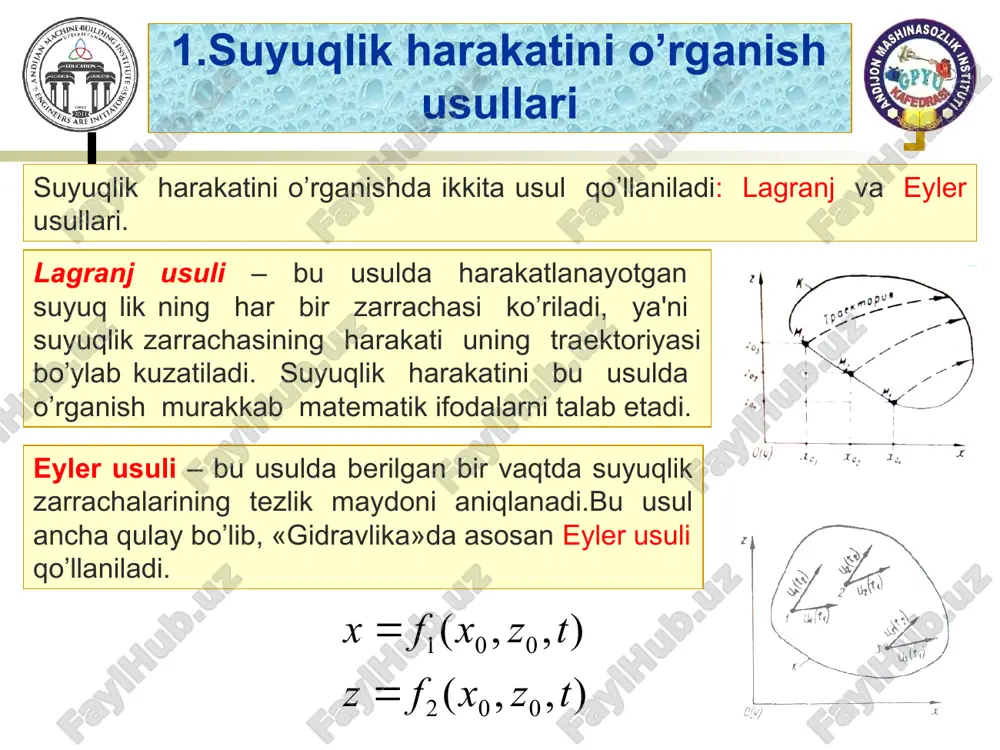 o’rganishda ikkita usulini ayting ? lagranj va eyler usullarini farqi. suyuqlik harakati necha xil bo`ladi? oqim chizigi,oqim nayi, oqimcha deb nimaga aytiladi? barqaror harakatda elementar oqimchaning nechta xossasi bor? suyuqlik sarfi deb nimaga aytiladi? hajmiy, og`irlik, massa suyuqlik sarflari qanday formulalar bilan aniqlanadi? oqimning uzluksizlik tenglamasini bilasizmi? foydalaniladigan asosiy darsliklar va o’quv qo’llanmalar ro’yxati 1.brennen c. hydrodynamics of pumps.cambridge university press,2011.208 p. 2.mukolyants a.a .gidravlika:ucheb.dlya vuzov.-t.: «fan va texnologiya»,2016, -368 ctr. 3.umarov a.yu. gidravlika: ucheb. dlya vuzov.-t.: «o'zbekiston», 2004,-462b. 4.tursunova e.a., mukolyants a.a. mexanika jidkosti i gaza. -t.: tasi, 2012,-150 str. 5.latipov k.sh. gidravlika, gidromashinalar va gidropnevmoyuritgichlar. - t., 1994. 6.shokirov a.a., karimov a.a., parmonov a.e. “ixcham gidravlika” toshkent, 2010. e`tiboringiz uchun rahmat! ma`ruzachi: q.ermatov ) , , ( ) , , ( 0 0 2 0 0 1 t z x f z t z x f x = = n u u u u n u + + …