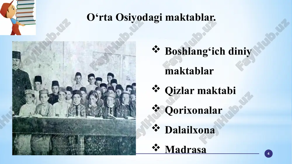 t/slides/slide8.xml [content_types].xml _rels/.rels docprops/custom.xml getting you there table of contents the beginning where you are today innovation our systems 01 02 04 vision investment recommendations 03 retirement our suggested path 05 motivation follow-up and investment tracking 5 financial planning maktab va madrasalarda dars o‘zb e k, arab va fors-tojik tillarida olib borilar edi . musulmon maktablarida ta’lim tizimi 5 toifaga bo‘lingan edi : 1. quyi maktab - bu maktablarda o‘g‘il bolalarga savod o‘rgatilgan (4yil). 2. halilxona maktabi - ( namoz ) yod oldirib o‘rgatilgan . 3. qorixona – qur’on yod olingan . 4. maktab int e rnat - o‘rta madrasa bo‘lib , bu maktabda ham diniy , ham dunyoviy fanlar o‘qitilib o‘rta ma’lumot b e rilgan . 5. madrasa xx asr boshiga kelib turkis­tonda jadid ziyolilarining butun bir avlodi , o‘lka ma’naviy-ma’rifiy soha taraqqiyotiga , milliy madaniyatning rivojlanishiga katta hissa qo‘shgan namoyandalari vujudga keldi . 16.01.2023 http://aida.ucoz.ru 18 turkis­ton jadidlari …