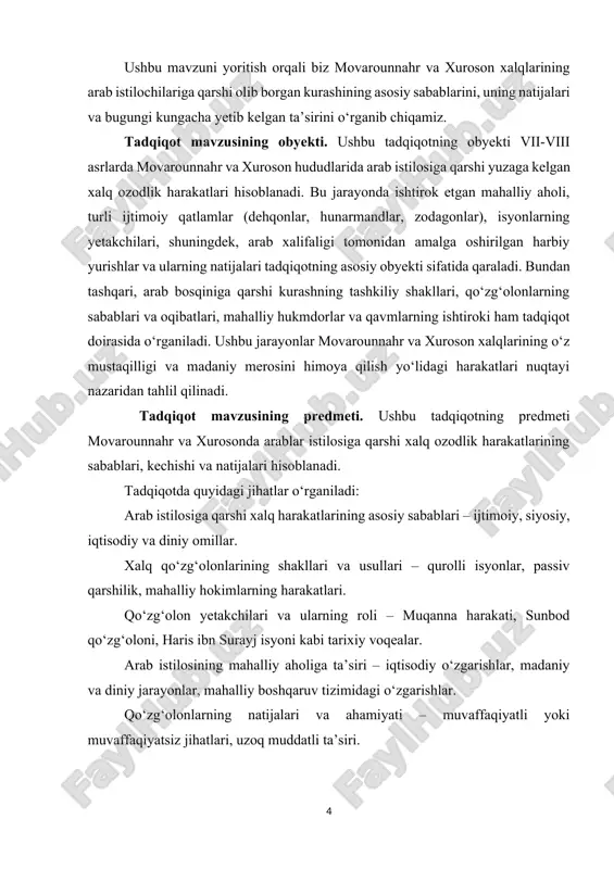 va geografik omillarning xalq harakatlariga ta’sirini o‘rganish. 6. strukturaviy-tizimli yondashuv – movarounnahr va xurosondagi harakatlarni umumiy tizim sifatida ko‘rib chiqish, ularning ichki tuzilishini va tashqi omillar bilan bog‘liqligini aniqlash. bu usullar yordamida arab istilosiga qarshi harakatlarning sabablarini, kechishini va natijalarini chuqur o‘rganish imkoniyati yaratiladi. tadqiqotning maqsadi. ushbu tadqiqotning asosiy maqsadi movarounnahr va xurosonda arablar istilosiga qarshi xalq ozodlik harakatlarining sabablarini, kechishini va oqibatlarini chuqur o‘rganish hamda ularning tarixiy ahamiyatini tahlil qilish hisoblanadi. mazkur maqsadga erishish uchun quyidagi vazifalar belgilangan: 1. arab istilosining asosiy sabablari va omillarini aniqlash – siyosiy, iqtisodiy, diniy va ijtimoiy jihatlar bo‘yicha tahlil qilish. 2. xalq harakatlarining shakllari va xususiyatlarini o‘rganish – qurolli qo‘zg‘olonlar, mahalliy hokimiyatlarning qarshiligi va boshqa kurash usullarini tahlil qilish. 3. qo‘zg‘olon yetakchilari va ularning faoliyatini tadqiq qilish – muqanna, sunbod, haris ibn surayj kabi tarixiy shaxslarning rolini baholash. 4. arab istilosining mahalliy aholi hayotiga ta’sirini o‘rganish – ijtimoiy-iqtisodiy o‘zgarishlar, diniy va madaniy jarayonlarga …