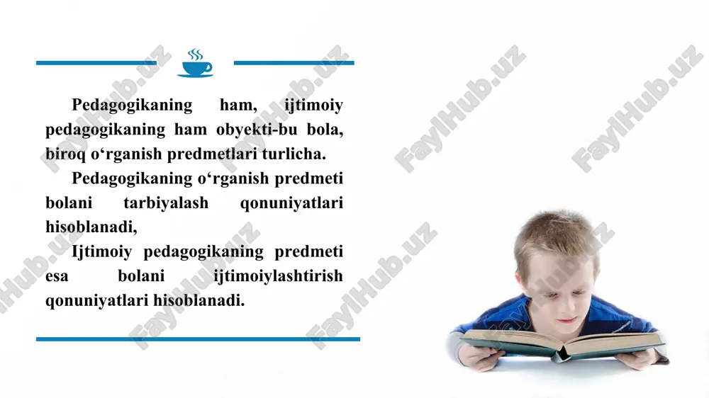 bilishga qaratishi ijtimoiy pedagog bola (oʻsmir) muammolarini hal qiluvchi, uning inqirozi, huquqlariga aloqador tashkilot, mutaxassislarni birlashtirish bilan ham shugʻullanish - 5 6 7 “ijtimoiylashuv” soʻzi dastlab siyosiy-iqtisodiyotdan kelib chiqqan. u siyosiy-iqtisodiyotda yer, ishlab chiqarish vositalarining umumiylashuvi maʼnosini anglatgan. “ijtimoiylashuv” atamasining muammoli deb bu atamani “ijtimoiylashuv nazariyasi” (1987) kitobida hozirgiga yaqin maʼnoda qoʻllagan amerikalik sotsiolog f.g.keddings hisoblanadi. uning zamonaviy maʼnosi-“ ijtimoiy tabiat yoki individ xarakterini rivojlantirish, insonni ijtimoiy hayotga tayyorlashdir. agar shaxsning jamiyatga kirishida ijtimoiylashuv va individuaalashuv jarayonlari oʻrtasida tenglik yuzaga kelsa, insonning jamiyatga yaqinlashuvi roʻy beradi. shu bilan birga bu yerda shaxs va muhitning oʻzaro taʼsir etish ham sodir boʻladi. shunday qilib, muvaffaqqiyatli ijtimoiylashuv moslashuv va individuallashuv oʻrtasida muvozanat saqlangandagina amalga oshishi mumkin. bu jarayon 3 asosiy sohada amalga oshadi: - faoliyat-turlarning kengayishi, uning shakl va vositalarini qoʻlga kiritish, erkin moʻljal olish. - muomala-muomala doirasini kengaytirish, uning mazmunini chuqurlashtirish, xulq-atvor meʼyorlarini oʻzlashtirish. - anglash-shaxsiy men obrazini faoliyatning faol ishtirokchisi sifatida …