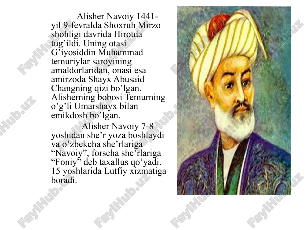 iyligi, falsafiyligi bilan b) rang-barangligi, mazmunining chuqurligi bilan c) tarbiyaviyligi bilan. 7. alisher navoiy haqiqiy insonning bezagi nimada deb biladi? a) uning toj-taxti, mansabida b) shohlar sallasiga sanchib qo‘yiladigan hukmdorlik tamg‘asida c) uning odobi va hayosida 8. alisherni samarqanddan hirotga kim chaqiradi? a) do‘sti husayn boyqaro b) tog‘asi mir said kobuliy c) ustozi abdurahmon jomiy iv o`quvchilarni baholash v. hikmatli so`zlardan yod olish 5 4 3 image1.png image2.png image3.png image4.png image5.png image6.png image7.png image8.png image9.png image10.png image11.png /docprops/thumbnail.jpeg