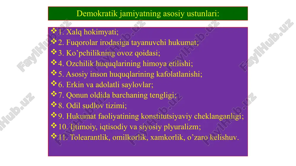 o’zbekiston tarixi fuqorolarni o’zini o’zi boshqaruv organlari fuqorolarning o’zini o’zi boshqarish organlariga shaharcha, qishloq, ovullar va mahalla fuqorolar yig’inlari kiradi 1999 yil “fuqorolarning o’zini o’zi boshqarish organlari to’g’risida” qonun qabul qilindi 2004 yil “fuqorolar yig’ini raisi (oqsoqol) va uni maslahatchilari saylovi to’g’risida” qonun qabul qilindi 2017 yil “mahalla institutini yanada takomillashtirish chora tadbirlari to’g’risida” farmon chiqdi 2017 yil shu farmonga binoan fuqorolarni o’zini o’zi boshqarish organlari faoliyatini muvofiqlashtirish bo’yicha respublika kengashi tashkil etildi konstitutsiyaning 105-moddasiga ko’ra rais va uning maslahatchilarini vakolat muddati 2,5 yil 12 o’zbekistonda saylov tizimi asoslari 1991 yil 18 noyabr “o’zbekiston respublikasining referendumi to’g’risida” qonun qabul qilingan 1991 yil 18 noyabr “o’zbekiston respublikasi prezidenti saylovi to’g’risida” qonun qabul qilingan 1998 yil markaziy saylov komissiyasi muvaqqat mustaqil organ deb elon qilindi 2014 yil markaziy saylov komissiyasi doimiy organ sifatida tashkil etildi 35 yoshdan kichik bo’lmagan fuqoro o’zbekiston prezidentiligiga saylanishi mumkin 25 yoshga to’lgan fuqoro oliy majlis azoligiga saylanishini …