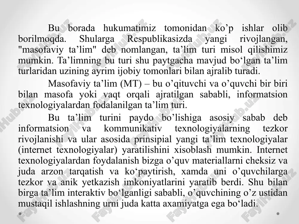 gan bir nechta universitetlar o’quvchilarni ta’minlaydi. uzoklashgan auditoriyalar. ushbu modelda informasion va kommunikasion imkoniyatlar keng foydalaniladi. bitta o’quv muassasada bulib utgan o’quv kurslar videokonferensiyalar, radiotranslyasiyalar va telekomunakasion kanallar orkali sinxron telekursatuvlar kurinishida boshqa auditoriyalarga uzatiladi. aralashgan model bilan farki shundaki, bu modelda o’quvchilar kunduzgi ta’limda katnashmaydi. bu modelga misol qilib akshning viskonsing universitetidagi va xitoyning markaziy radio va televideniye universitetidagi ta’limni olish mumkin. proyektlar. ushbu model davlat yoki ilmiy izlanish maksadidagi dasturlarni bajarish uchun yaratiladi. asosiy ish masofaviy ta’lim mutaxassislari va pedagoglar tuplangan ilmiy-metodik markazga tushadi. ushbu modelda yaratilgan kurslar axolining katta kismiga namoyish kilinib uz vazifasini bajargandan keyin tuxtatiladi. bu modelga misol qilib afrika, osiyo va lotin amerikadagi rivojlanmagan mamlakatlarida o’tkazilgan kishlok xujaligi, soliklar va ekologiya haqidagi o’tkazilgan xar xil kurslar bulishi mumkin. birlamchi model. konsorsium. validasiya. uzoqlashgan avditoriyalar. masofaviy ta’limning qulayliklari va kamchiliklari. dars jadvalni qulayligi. o‘quvchi o‘ziga ma’qul bo‘lgan vaqtda o’quv jarayoniga qatnashishi mumkin. qulay foydalanish manzillari. …