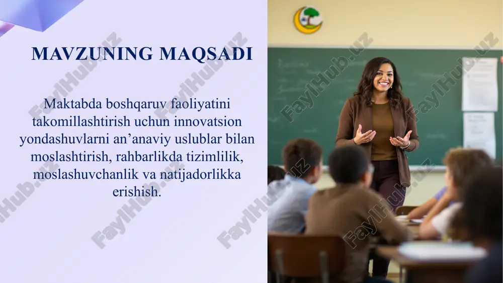 aliy tayyorgarlik kurslarini tashkil etish, ayniqsa, zamonaviy texnologiyalarni boshqaruvda qo‘llashga qaratilgan dasturlar asosida. 2 innovatsion boshqaruvning izchil integratsiyasi hali to‘liq shakllanmagan. ko‘plab maktablarda rahbarlar eski boshqaruv uslublariga tayanmoqda. buyuk britaniyada esa boshqaruv tizimi ancha tizimli va izchil yo‘lga qo‘yilgan. boshqaruv asosan aniqlik, mas’uliyat va baholashga tayanadi. o‘quvchi va o‘qituvchilar faoliyati muntazam tahlil qilinadi. an’anaviy tamoyillar, ayniqsa ustoz-shogird munosabati, doimiy saqlanadi. shu bilan birga, zamonaviy texnologiyalar va yetakchilik tamoyillari sinchkovlik bilan uyg‘unlashtiriladi. an’anaviy qadriyatlarni inkor etmasdan, ularni innovatsion yondashuvlar bilan uyg‘unlashtirish, xususan, ustoz-shogirdlik, ota-onalar bilan hamkorlik, intizomni saqlagan holda yangilik joriy etish. 3 an’anaviylik kuchli, lekin bu holat ba’zan yangilikka qarshilik ko‘rsatishga sabab bo‘lmoqda. qozog‘istonda innovatsion boshqaruvga o‘tish jarayoni bosqichma-bosqich amalga oshirilmoqda. raqamli vositalar joriy etilmoqda, direktorlarning boshqaruv salohiyatini oshirish bo‘yicha dasturlar ishlatilmoqda. an’anaviy yondashuvlar, xususan, o‘qituvchiga hurmat, ta’limdagi axloqiy qadriyatlar saqlanmoqda. innovatsiyalar milliy qadriyatlar bilan muvofiqlashtirilgan holda joriy qilinmoqda. raqamli texnologiyalarni faqat nazorat uchun emas, balki tahlil, rejalashtirish va jamoa …