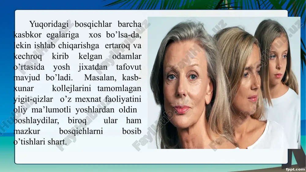 iyaviy omillari (irsiy alomat, ijtimoiy muhit, uzluksiz tarbiyaviy ta’sir) belgilaydi. yetuklik davrining ikkinchi davri xususiyatlari yu.n.kulyutkin bir xil yosh davridagi odamlarda har xil jarayonlar, holatlar, xossalar, xususiyatlarningo‘sishi, o‘zgarishi baravar emas, balki ularning birovda oldin xotira, keyin tafakkur, boshqa birovda, aksincha, rivojlanishini, bir psixik jarayonning zaiflashuvi, ikkinchisining jadal sur’at bilan o‘stirishini uqgiradi mazkur yoshda shaxsiy hayotdagi yutuqlar, g’alabalar yoki muvaffaqiyatsizliklar kishining ruhiy dunyosiga qattiq ta’sir etadi. natijada unda takaburlik, mag’rurlik xislari paydo bo’ladi, o’zining boshqalardan ustun qo’ya boshlaydi yoki aksincha, hayot zaxmatlari unda loqaydlik tuyg’usini vujudga keltiradi. lekin har ikkala ko’rinishga ega bo’lgan ruxiy xolat ham oila a’zolari, tengqurlari , mexnat jamoasi, a’zolarining ta’siri orqali asta-sekin muayyan yo’nalishga tushib qoladi. umuman, kamolot bosqichidagi odamlar istiqbol rejasi bilan xarakat qiladi, voqelikka turmush ikir-chikirlariga. tabiat, jamiyat koinot, xodisalariga befarq qaramaydilar, imkoni boricha xotirjamlik, totuvlik, tinchlik, do’stlik, dunyo lazzatlaridan oqilona foydalanish tuyg’usi bilan yashaydilar. «men» uch xil ko’rinishdan ifodalanadi: retrospektiv «men» dan iborat bo’lib, …
