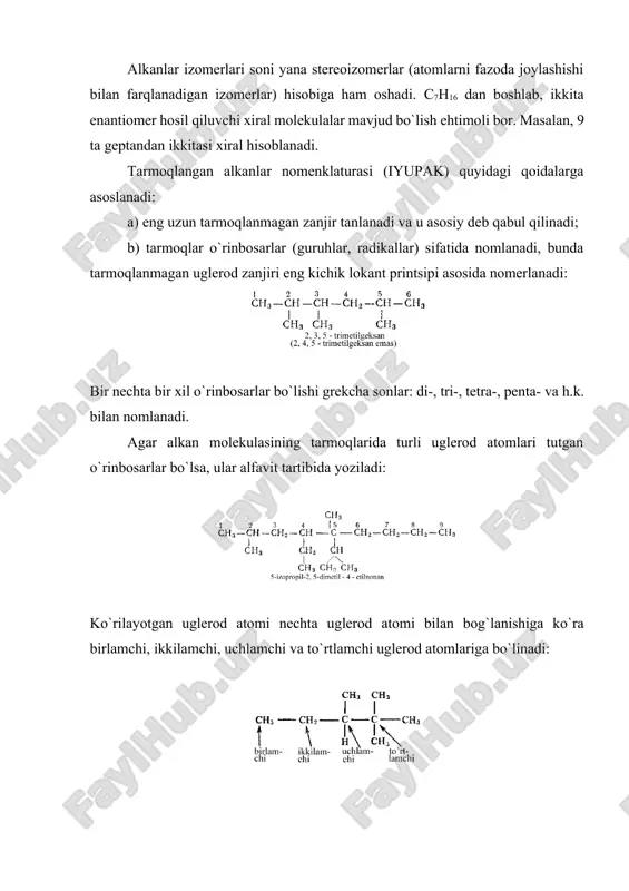 ikallar nomi asosida ham yotadi. alkan molekulasidan vodorodni ajratishni uchta yo`li mavjud: 1. c –h bog`ni gomolitik parchalashda odatda alkil radikali yoki alkil deb nomlanuvchi juftlashmagan elektronli zarracha erkin alkil radikali hosil bo`ladi. masalan, ch3. – metil radikali yoki metil: r – h →r. + h. 2. c – h bog`ni geterolitik parchalanishida kation hosil bo`lib, vodorod gidrid-ion holida ajraladi. karbkation yoki alkil-kation hosil bo`ladi, masalan, ch3+ - metil-kation. r – h →r+ + h:- 3. c – h bog`ni geterolitik parchalanishida anion hosil bo`lishi mumkin, bunda vodorod proton holida ajraladi r – h →r- + h+. karbanion yoki alkil-anion, alkanid-ion, masalan: :ch3- - metil-anion. alkil-kationlar juda kuchli elektrofil reagentlar bo`lsa, alkil-anionlar juda kuchli nukleofil reagentlar hisoblanadi. alkanlar molekulalaridan ikkita vodorod atomi ajratilganda ikki valentli qoldiqlar olinadi. ularni nomi mos bir valentli radikallar nomiga –en yoki –iden (agar ikkita erkin bog` ham bir uglerod atomida joylashsa) qo`shimchalari qo`shib hosil qilinadi. …