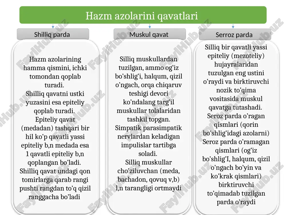 islotali muhitda tasirini yo’qatadi ovqat haqidagi malumot uzunchoq miyadagi markazni qo’zg’atadi. odam so’zlash paydo bo’lgani bilan, mayda bezlar ishlay boshlagan. ular og’iz bo’shlig’ini namlab turadi, ravon gapirish mumkin aks holda gapirish u,n qo’shimcha suv b,n namlash kerak yutish ovqat luqmasi og’izda, mexanik va kimyoviy parchalanib til ildizga yo’naltiradi, luqma yumshoq tanglayga kirishi b,n yutish sodir bo’ladi, bu paytda yumshoq tanglay ko’tarilib xoanani yopadi halqumga va qizil o’ngachga yo’naladi. qizil o’ngach to’lqinsimon harakatlanib, medaga suradi, agar suyq 2-3 sek, quyuq 6-8 sek davomida bajariladi burn qismi eng tepa qismi b/b burn bo’shlig’iga 1 juft xoana orqali qo’shilib ketgan. yumshoq tanglay roparasida eshituv (yevstaxiy) nayi boshlanadi. og’iz qismi tomoq orqali og’iz bo’shlig’iga tutashadi. bu qism ham havo va ovqat o’radigan qism bo’lganligidan yumshoq tanglay tartibga solib turadi. xiqildoq qismi kalta b/b, hiqildoqning orqa tomonida joylashgan. bu qism qizil o’ngacha tutashib ketadi. halqum-varonkaga o’xshash kalla suyagi tubidan boshlab, og’iz va burn bo’shlig’iga ochilib …