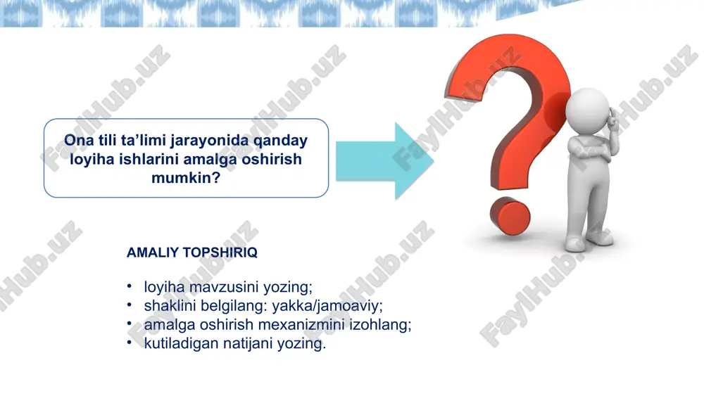 a’limida qanday mavzularda loyiha tayyorlash mumkin? loyihani tashkil qilish bosqichlari qanday? quyidagi savollardan qaysilariga javob oldingiz? 8-sinflar uchun mo‘ljallangan “maktabimiz gazetasi” va “tabiat eko-jurnali” loyihalarini baholash mezoni mezonlar ball (100) loyiha ishini belgilangan maqsad asosida to‘g‘ri bajarilgani, topshiriq shartiga mos kelishi 1–10 ball loyiha ishi mahsuloti (gazeta/jurnal)ning mazmunan boyligi, janrlar (maqola, reportaj, intervyu, hikoya va b.) xilma-xilligi; 1–20 ball tadqiqotchilik ko‘nikmasining shakllangani: turli manba va axborotlar bilan ishlangani, ularning saralangani 1–10 ball gazeta/jurnalda o‘quvchilarning o‘zi tomonidan yozilgan matn, maqolalarning nisbati; yozilgan matnlarning mazmundorligi, grammatik va struktura jihatidan to‘g‘ri shakllantirilgani 1–15 ball loyiha ishini bajarishga kreativlik bilan yondashilgani 1–15 ball loyiha ishining dizayni, bezatish ishlari ustida ishlangani; rasm, illyustratsiyalardan unumli foydalangani; 1–5 ball loyiha ishining taqdimotida vaqt reglamentiga amal qilgan holda ishning asosiy jihatlarini ochib bera olingani; taqdimot jarayonida og‘zaki nutqning ravon va ifodaliligi, til vositalaridan o‘rinli foydalanilgani 1–10 ball jamoada ishning to‘g‘ri tashkil etilgani, vazifalarning taqsimlangani; hamkorlikda ishlashning yo‘lga qo‘yilgani …