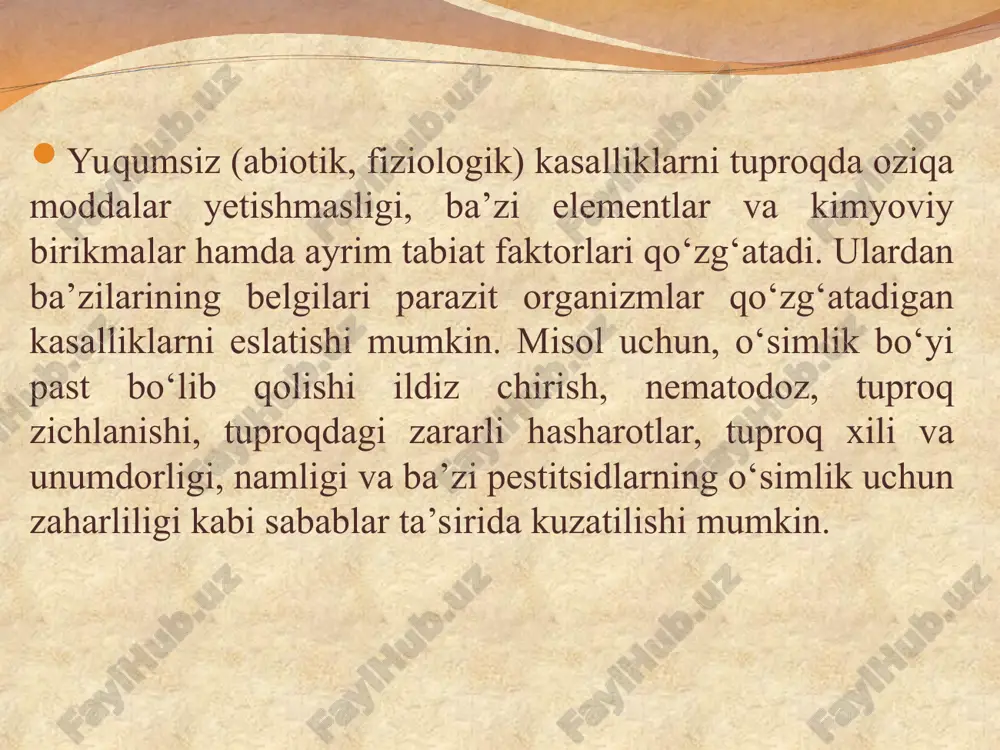 tomp va b.q.) oshiqcha me’yorda yoki noto‘g‘ri chuqurlikda, ob-havo salqin paytda qo‘llanilganda chigit unib chiqishi va o‘sishini sekinlashtiradi, o‘simlik yon ildizlari rivojlanmaydi, bo‘yi pasayadi, nihol kasalliklari kuchayadi, ekin siyrak bo‘lib qoladi. pendimetalin g‘o‘za poyasida halqa hosil qiladi. poya mo‘rt bo‘lib qoladi, ekin yotib qolishi va poya sinishiga sabab bo‘ladi. o‘rni almashgan mochevina. chigit unib chiqishidan oldin qo‘llaniladigan diuron, fluometuron (kotoran va b.q.) xamda triazinlar (prometrin, gezagard, sianazin, propazin va b.q.) noto‘g‘ri yoki yuqori me’yorda ishlatilganda o‘simlik bo‘yi pasayishi, urug‘barg va chin barglar sarg‘ayishi yoki oqarishi, nihollar nobud bo‘lishi kuzatilishi mumkin. metanarsenatlar. salomalaykum, g‘o‘zatikan va ba’zi boshqa begona o‘tlarga qarshi kurashda tarkibida margimush mavjud bo‘lgan metanasenatlar (target msma va b.q.) noto‘g‘ri purkalganda o‘simlik barglari qizg‘ish tus olishi, chetlari qurishi, nimjon o‘simliklar nobud bo‘lishi, qolganlari kech yetilishi, ko‘saklar shakli buzilishi va hosil pasayishi kuzatiladi. fenoksi va benzoik gerbitsidlardan 2,4-d, dikamba (banvel) qo‘shni dalalarda qo‘llanilganda shamol bilan yoki sepgich va mexanizmlar qismlari vositasida …