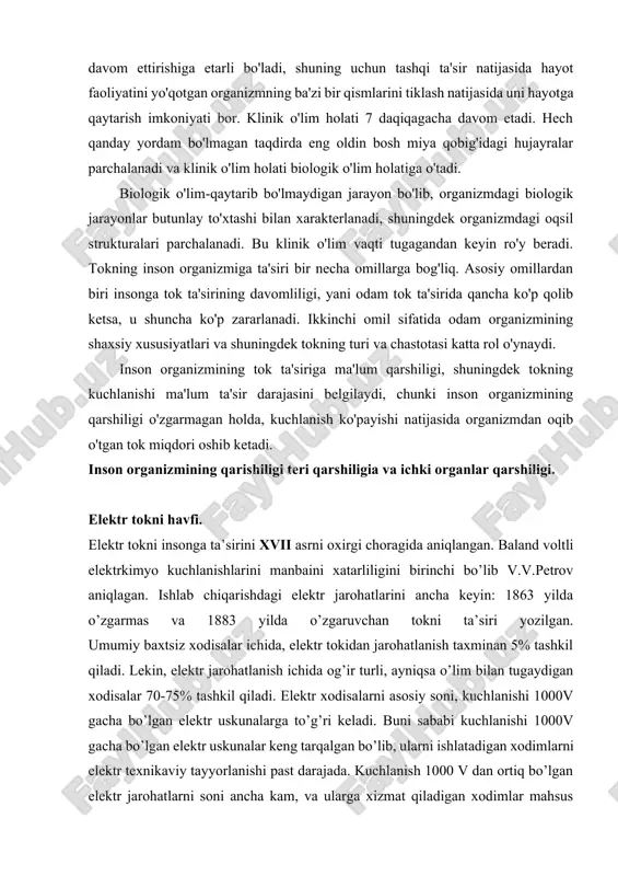xtsiz xodisalar ichida, elektr tokidan jarohatlanish taxminan 5% tashkil qiladi. lekin, elektr jarohatlanish ichida og’ir turli, ayniqsa o’lim bilan tugaydigan xodisalar 70-75% tashkil qiladi. elektr xodisalarni asosiy soni, kuchlanishi 1000v gacha bo’lgan elektr uskunalarga to’g’ri keladi. buni sababi kuchlanishi 1000v gacha bo’lgan elektr uskunalar keng tarqalgan bo’lib, ularni ishlatadigan xodimlarni elektr texnikaviy tayyorlanishi past darajada. kuchlanish 1000 v dan ortiq bo’lgan elektr jarohatlarni soni ancha kam, va ularga xizmat qiladigan xodimlar mahsus o’rgatilgan va tayyorlangan, sababli baxtsiz xodisalar ham deyarli kam sodir bo’ladi. elektr tok ta’siri natijasida inson tanasini shikastlanishi elektr jarohat deb ataladi. elektr tokning xatarligi shuki, inson o’z sezguvchi organlari bilan, kuchlanishni bor-yo’qligini aniqlamaydi. odam faqat elektr kuchlanish ostida qolgandan keyin himoyalovchi reaksiyasi kechikib ishga tushadi. insonni elektr tokidan jarohatlanishi sabablari quyidagicha: izolyasiya qilinmagan tok o’tkazuvchi qismlarga tasodifan tegib ketishi; izolyasiyasi lat yegan sababi metal qismlarga tokni o’tib ketishi; kuchlanish ostida qolgan metalmas buyumlardan, qadamli kuchlanishdan va elektr …