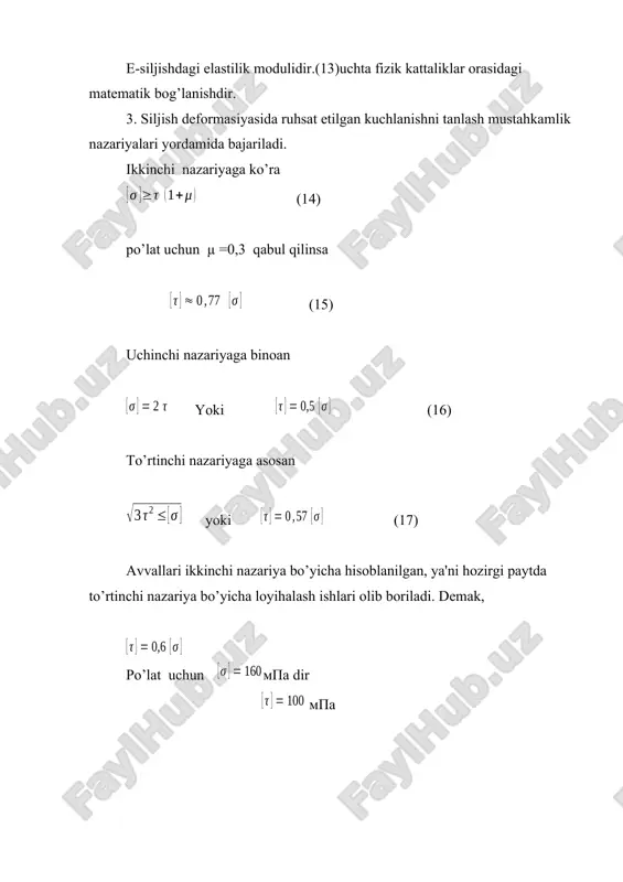 ni hisobga olsak (9) kelib chiqadi. eng katta urinma kuchlanish val sirtida hosil bo’ladi. (10) qutb qarshilik momenti deyiladi. demak, (11) doiraviy kesim uchun qutb qarshilik momenti qarshilik momenti sm3, m3 va mm3 larda o’lchanadi. asosiy adabiyotlar 1.nigmatullaev m. «amaliy mexanika» . t.: “o'zbekiston” 2003. 2.tojiboev r.n, jo'raev a.j. “mashina detallari” t. “o'qituvchi” 1999. 3. tojiboev r.n, jo'raev a.j. “mashina detallari” t. “o'qituvchi” 2002 4.nabiev a xasanov s materiallar qarshiligi. oliy o'quv yurtlari uchun darslik. –t.: fan va texnologiya, 2005. 5.mansurov k.m. materiallar qarshiligi kursi. texn. o'quv yurt. stud. uchun darslik.-t.: o'qituvchi, 1983. 6.feodos'ev v.i. soprotivlenie materialov. uchebnik dlya vtuzov.- m.: nauka , 1979 7.v.k. kachurin materiallar qarshiligidan masalalar to'plami. –t.: o'zbekiston, 1993. 8. smironov a.f. materiallar qarshiligi –t.: o'qituvchi, 1988 qo'shimcha adabiyot lar 1.dunaevp.x. idr. “detaley mashin. kursovoe proektirovanie”. m., visshaya shkola, 1990g 2.tojiboev r. n. va boshq. m. m. «mashina detallari kursidan masalalar to'plami» t. ukituvchi 1992y. 3. …