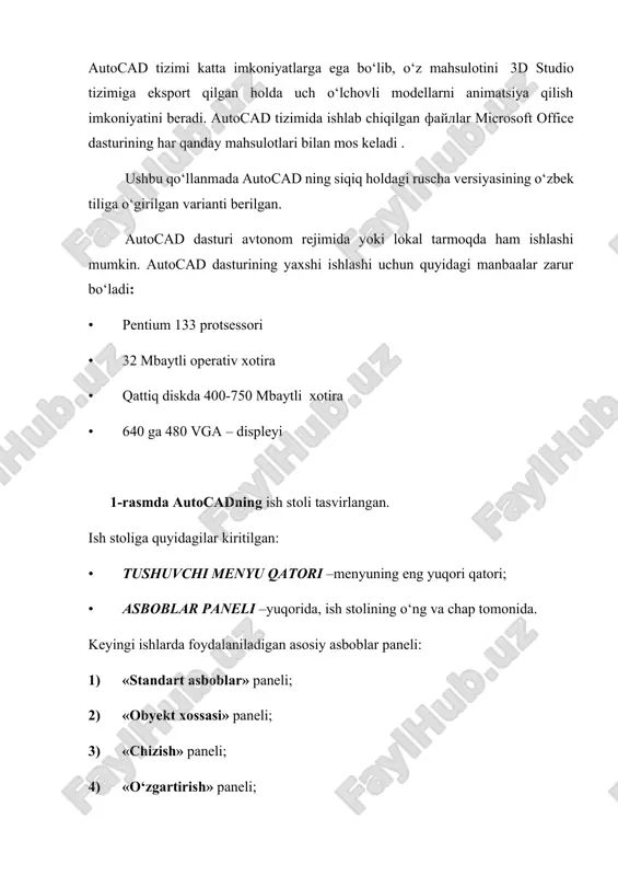 ravishda o‘zgartirishi mumkin. model maydonini sozlash algoritmi 1) sichqon klavishining o‘ng tomonini grafik maydonning ixtiyoriy joyiga bosamiz, optsii punktini belgilaymiz. 2) ochilgan «parametrlar» dialog oynasida quyidagi sozlashlarni amalga oshirish mumkin. a) oyna elementlari ish stoli ko‘rinishini sozlash, ya'ni; 1) rang tugmachasi yordamida model maydoni rangini tanlash mumkin; 2) dialog oynasiga chaqiriladigan shrift turini shrift tugmachasi orqali sozlash mumkin. b) format elementlari maydoniga varaq maydoni m2 umumiy ko‘rinishini sozlash mumkin. v) “aks ettirishni kengaytirish qobiliyati” maydonida obyektlarning tasviri sifatini sozlash mumkin, ya'ni yoylar va aylanalar egri chiziqlarda segmentlar soni va h.k. g) aks ettirish maydoniga uch o‘lchovli rang berilgan (3d) obyektlarni aks ettirish sifatini sozlash mumkin. • dialogli oyna yordamida dastur bilan muloqot amalga oshiriladi. bu oyna bir necha qatordan iborat bo‘lib, ularda foydalanuvchi chiqaradigan ta'sir algoritmi aks etgan bo‘ladi. ko‘pincha, dastlabki asboblar to‘g‘risida kerakli axborotni o‘z ichiga oladi. muloqot oynasida kamida uchta qator qoldirilishi tavsiya etiladi. sozlashni qo‘lda, ya'ni sichqonning …