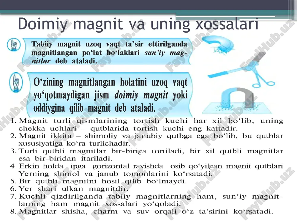 a harakatlanayotgan elektr zaryadlar va toklar o’zaro bog’lanadi va ta’sirlashadi. magnit maydonidagi modda magnetik–kuchsiz magnetik 19-asrda x.q.ersted, m.faradey, i.x.lens elektr magnetizm qonunlarini ochishdi, b.n.yablochkov o’zgaruvchan generatori va transformatorini yaratishdi, m.o.dolivo – dobrovolskiy uch fazali tokni kashf qildi, shundan so’ng ancha kuchli magnetik – temir amalda magnit materiallar sifatida ishlatila boshlandi. 1900 yildan elektrotexnikada temir silisidli po’lat aloqa texnikasida fe ni – qotishmalari keng tarqaldi. ferromagnetizm nazariyasining taraqqiyoti yangidan-yangi magnit materiallar ishlab chiqarishni ancha tezlashtirdi. 20-asr o’rtalarida oksid magnit materiallar – ferritlar yaratildi. magnit maydonidagi modda magnitlanish va qayta magnitlanish xossalariga qarab, magnit materiallar magnit jihatdan qattiq, yumshoq va maxsus xossali turlarga bo’linadi. magnit maydoniga kiritilgan modda maydonni kuchaytirishi yoki susytirishi mumkin. - modda maydonini necha marta kuchytirishi va susaytirishini ko’rsatuvchi kattalik –muhitning magnit kirituvchanligi deyiladi. 1parramagnetiklar(alyuminiy, magnit) >>1 ferromagnetiklar(temir, nikel) magnitlarning qo’llanilishi magnit maydon o’z ichidagi biologik sistemalarga ta’sir qiladi. bu ta’sirni biofizikaning magnitobiologiya degan bo’limi o’rganadi. doimiy magnit maydonida …
