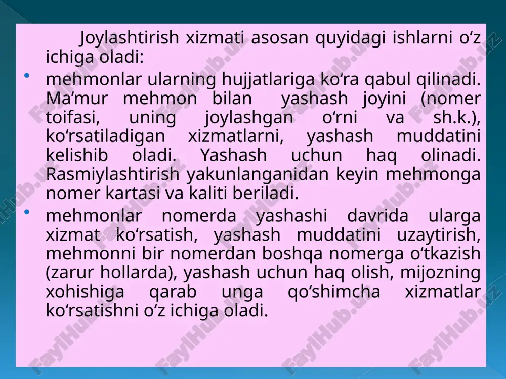 an uyg‘unlashtirish uchun «tojlar»ning umumiy miqdoridan bitta «yulduz»ni ayirish kerak (masalan, to‘rt «tojli» daraja uch «yulduzli» darajaga teng). yuqorida ko‘rib chiqilgan britaniya agentliklari uyushmasi tomonidan taklif qilingan mehmonxonalarni tasniflash tizimi ham shunday muvofiqlikni nazarda tutadi: byudjet mehmonxonalari – 1 yulduz; turistik toifa mehmonxonalari – 2 yulduz; o‘rtacha toifa mehmonxonalar – 3 yulduz; birinchi toifa mehmonxonalari – 4 yulduz; oliy toifa mehmonxonalari – 5 yulduz. jahonda mehmonxonalarni fransiya milliy tasniflash tizimida darajalash keng tarqalgan. bu tizim turistik mehmonxonalarni 6 toifaga ajratadi. shulardan besh toifa mehmonxonalarga ma’lum miqdorda yulduzlar berishni nazarda tutadi (1 yulduzli, 2 yulduzli, 3 yulduzli, 4 yulduzli yoki 5 yulduzli mehmonxonalar). bir toifa – yulduzsiz. bunday tizim mehmonxona xizmatlari bozorini ancha to‘liq qamrab olish imkonini beradi. minimal talab-mezonlarga javob bermaydigan mehmonxona toifa olishga da’vogar bo‘la olmaydi. bunday talab-mezonlar quyidagi guruhlarga birlashtirilgan: a – xonalar miqdori; b – umumiy binolar va xonalar; c – mehmonxonaning jihozlanishi; d – yashash joyining …