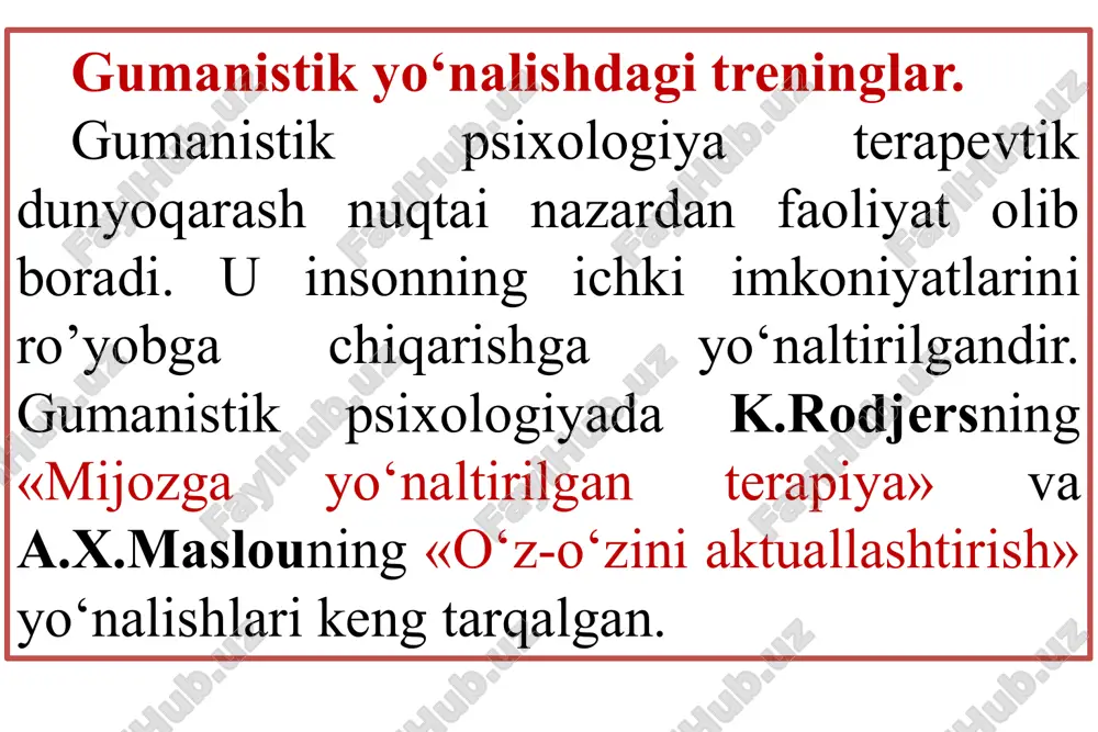 kma va malakalar ko‘pincha ma’lum bir ish faoliyati yuzasidan kerak bo‘ladi. shuning uchun bunday treninglarning asosiy ishtirokchilari rahbarlar, tadbirkorlar, ishbilarmonlar bo‘ladi. ko‘nikmalar treningining maqsadi quyidagilardan iborat: ishtirokchilarni turli hayotiy murakkab vaziyatlarda kerak bo‘ladigan ko‘nikmalarga o‘rgatish; ishtirokchilarni real sharoitda to‘qnashadigan muammolaridan xalos etish. ishtirokchilarga boshqaruv ko‘nikmasini rivojlantirishga yordam berish; ishtirokchilarni olingan bilimlarni guruhdan tashqarida ham qo‘llashga o‘rgatish. ishtirokchilarda konkret sharoit va vaziyatlarda boshqalar bilan (effektiv) samarali o‘zaro ta’sir uchun kerakli kommunikativ ko‘nikmalarni mukammalashtirish. individual guruhiy tashkiliy diagnostika ko‘nikmasini egallash. guruhda nizoli vaziyat yechimini topish va guruhiy yaqinlik, ahillikni mustahkamlash. 2. zamonaviy psixologiyada trening klassifikasiyalari zamonaviy psixologiyada treninglarga bo‘lgan e’tiborning yanada ortishi barobarida ularni turlarga ajratish yuzasidan ham ishlar olib borilmoqda. hozirgi vaqtda mutaxassislar tomonidan tashkil etilayotgan va o‘tkazilayotgan treninglarni turlarga ajratish nihoyatda murakkabligini ta’kidlab o‘tish muhimdir. chunki hozirgacha ham treninglarning yagona klassifikatsiyasi mavjud emas. lekin bu muammo bilan shug‘ullangan mualliflarning barchasi turli asoslarga ko‘ra treninglarni o‘ziga xos ko‘rinishlarda turlarga ajratishgan. quyida …