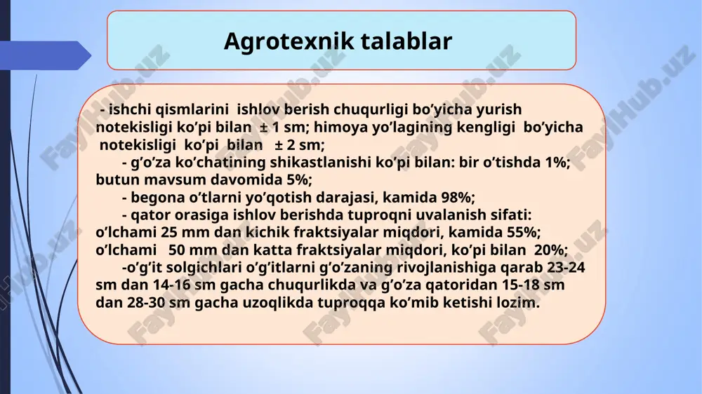 ining qoq o’rtasidan va barcha qatorlarda bir xil chuqurlikda olinishi kerak. aks holda keyingi kultivatsiya vaqtida agregatni boshqarish qiyin bo’ladi va kultivatorni to’g’ri yurmasligi natijasida ko’chatlar ko’plab shikastlanishi mumkin. 6) qator orasiga birinchi marta ishlov berishda iloji boricha nihollarga yaqinroq masofada ishlov berish, keyingi ishlashlarni o’simlik ildizlarining rivojlanish xususiyatlarini hisobga olgan holda ularning ishlash kengligi va chuqurligini qisqartirib borish talab etiladi. o’simliklar qator orasiga ishlov berish samaradorligini oshirish (davomi) diqqat! yozib oling va eslab qoling! kultivatsiya- tuproqning yuza qatlamlarini g’ovak, mayda donador holda saqlash, namning bug’lanishga va kam isrof bo’lishiga, sho’rlangan yerlarda kuyi qatlamdagi tuzlarning yuqoriga ko’tarilishiga yo’l ko’ymaydi va tuproqdagi namlikni uzoq vaqt saqlanishini ta’minlaydi. e’tiborilarigiz uchun katta raxmat!!! tel : +998 94 106 4002 telegram raqam: +99894 106 40 02