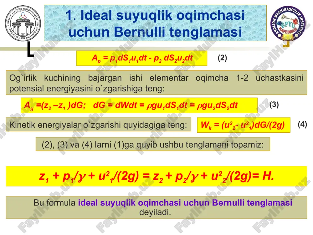 masi hadlarining energetik yoki fizik ma'nosi quyidagicha bo`ladi:. u21/2g, u22/2g - elementar oqimchaning 1-1,va 2-2 kesimlarga tegishli solishtirma kinetik energiyasi; p1/ + z1, p2/ + z2 - elementar oqimcha kesimlari uchun solishtirma potentsial energiya; p1/, p2/, - kesimlarga tegishli bosim bilan ifodalanuvchi solishtirma energiya; z1, z2, - 1-1 va 2-2 kesimlarga tegishli og`irlik bilan ifodalanuvchi solishtirma energiya. 2. bernulli tenglamasining geometrik va energetik mazmunu suyuqlik harakati vaqtida mexanikaning qonunlariga asosan, ish bajariladi. shu bajarilgan ishlar bo`yicha bernulli tenglamasini quyidagicha sharhlash mumkin: ikkita kesim uchun yozilgan bernulli tenglamasi shu ikki kesimda tegishli hadlarining ayirmalaridan tashkil topadi: (u21 –u22)/2g -kinetik energiyaning birlik og`irlik uchun o`zgarishi; (p1-p2)/ -bosim kuchi bajargan ishning birlik og`irlikka tegishli qismi; z1-z2 -og`irlik kuchi bajargan ishning birlik og`irlikka tegishli qismi. demak,suyuqlik harakat qilayotganda solishtirma kinetik va solishtirma potensial energiyalar harakat davomida o’zgarib boradi, lekin to`liq solishtirma energiya o`zgarmas bo`ladi 4. real suyuqlik oqimi uchun bernulli tenglamasi endi real suyuqlik …