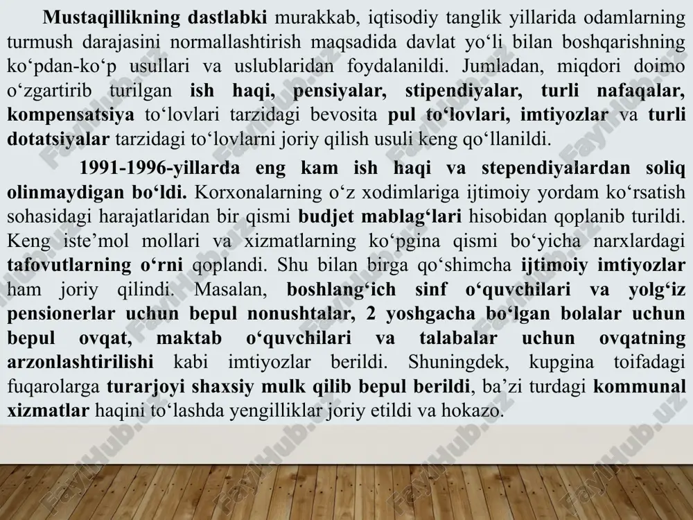 hun nafaqalar ota-onasining va umuman oilaning daromadlari miqdoridan qat’i nazar, barcha oilalarga to‘lana boshladi. boshqacha aytganda, 16 yoshgacha bo‘lgan bolalar turli dastlabki omillar va sabablardan qat’iy nazar, to‘g‘ridan-to‘g‘ri davlat yordami beriladigan obyektga aylanib bormoqda. 1994-yil 24-avgustda prezidentning «kam ta’minlangan oilalarni ijtimoiy himoya qilishni kuchaytirishga oid tadbirlar to‘grisida»gi farmoni qabul qilindi. 1996-yil 10-dekabrda bolali oilalarga ijtimoiy yordam berilishini kuchaytirish, aholini ijtimoiy himoya qilish borasidagi chora-tadbirlarni ro‘yobga chiqarishda fuqarolarning o‘zini-o‘zi boshqarish organlarining roli va mas’uliyatini oshirish maqsadida «bolali oilalarni davlat tomonidan qo‘llab-quvvatlashni yanada kuchaytirish to‘grisida» yana bir muhim farmon qabul qilindi. unda 1997-yil 1-yanvardan boshlab fuqarolarning o‘zini-o‘zi boshqarish yig‘inlari orqali yordamga muhtoj, bolali oilalarga bolalarning soniga qarab eng oz ish haqining 50 foizidan boshlab 175 foizigacha nafaqalar beriladigan bo‘ldi. 1997-yil sentabr oyidan boshlab, har yili 1 sinf o‘quvchilariga bepul o‘quv anjomlari, darsliklarni berish joriy etildi. kam ta’minlangan oilalarning boshlangich sinflarda o‘qiydigan bolalariga bepul qishki issiq kiyimlar berish yo‘lga qo‘yildi. hukumat tomonidan ayrim …