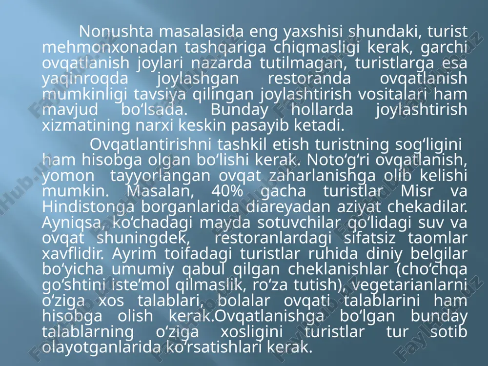 z faoliyat muddatiga ko‘ra yilning ma’lum mavsumlarida, kunning aniq bir ovqatlanish davrida turistlarga xizmat ko‘rsatamiz. bundan ko‘rinib turibdiki, turizm faoliyatida ovqatlantirish xizmati aniq bir vaqtni belgilashni talab qiladi. 1.yog‘ uchun pichoq; 2. non va yog‘ uchun tarelka; 3.qoshiq (1 taom uchun); 4.dengiz mahsulotlari uchun sanchqi (sovuq yaxna); 5.dengiz mahsulotlari uchun pichoq; 6.go‘sht va salat uchun sanchqi (asosiy taom); 7.oshxona pichog‘i; 8.dekarativ tarelka; 9.sup uchun tarelka; 10. dissert pichog‘i; 11.dissert sanchqisi; 12.suv uchun stakan; 13. shanpan vinosi uchun bakal; 14. qizil vino uchun bakal; 15.oq vino uchun bakal. umumiy ovqatlanish korxonasi - ma’lum turdagi korxona xizmatlarining o‘ziga xos belgilarining mavjudligi, mijozlarga ko‘rsatilgan xizmat sifatining darajasi va sharoiti bilan ifodalanadi. umumiy ovqatlanish korxonalarining beshta turi mavjud: restoran, bar, kafe, oshxona, tamaddixona (yahna ovqatlar). korxonaning turini belgilashda quyidagilarga e’tibor beriladi: realizatsiya qilinadigan mahsulotlar assortimenti, ularni tayyorlashdagi turli-tumanlik va murakkablik; texnik jihozlanish- moddiy baza, injener-texnik jihoz va uskunalar bilan ta’minlanishi, bino tizimi, arxitektura-rejalanishi va …