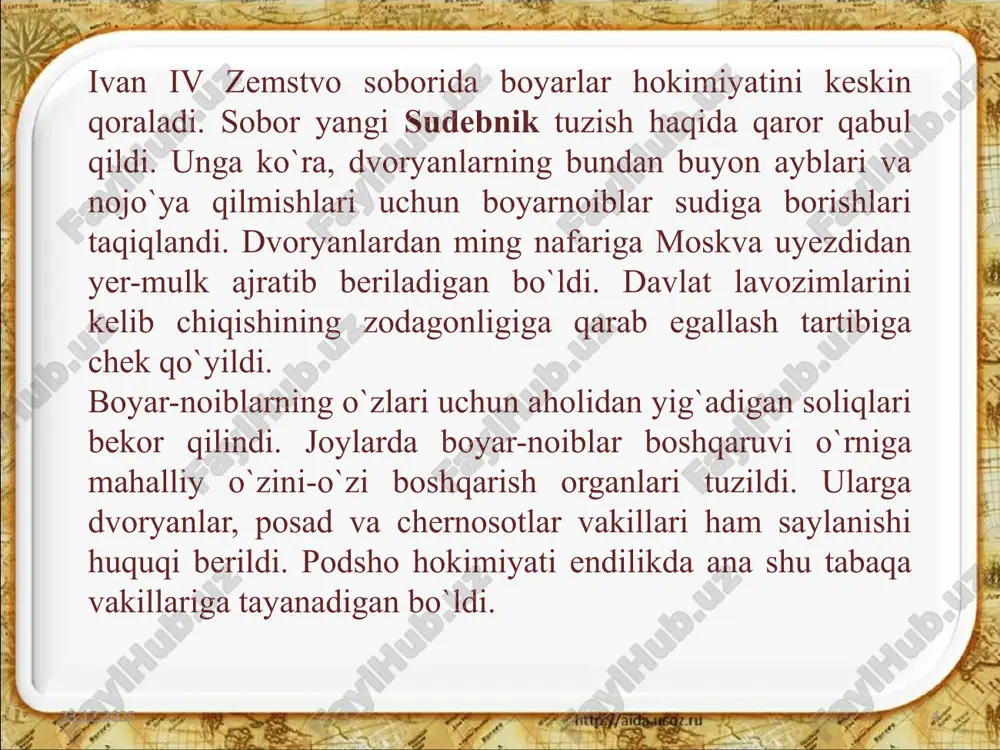 17 yilgacha hokimiyatni o'z qo'llarida saqlab turdilar. 07.02.2021 8 rossiya pyotr i islohotlari zamonida. pyotr davri rossiya tarixida muhim bir chegaradir. islohotlar avvalo shu qadar chuqur iz qoldirdiki, ular mamlakatning xilma-xil sohalarini qamrab oldi.islohotlarning amalga oshirilishi pyotr i faoliyati bilan bog’liqdir. pyotr i ning xizmati uning mamlakat oldida ko’ndalang bo’lib turgan vazifalarni to’g’ri tushunib, bu vazifalarni sabot va matonat bilan amalga oshirishidadir. xvii asr oxiri bilan xviii asrning birinchi choragi o’rtasidagi islohotlar zamonini ikki davrga bo’lish mumkin. birinchisi, poltava g’alabasini va undan keyingi 4—5 yilni ichiga oladi; pyotr i podsholik qilgan zamonning ana shundan keyingi yillari ikkinchi davrni tashkil etadi. pyotr i ning hokimiyat tepasiga kelishidan oldin saroy guruhlari o’rtasida keskin kurash borayotgan va bu kurashlarda streletslar(o’qchilar) qizg’in ishtirok qilgan edi. pyotr i (1672—1725) podsho aleksey mixaylovichining ikkinchi xotinidan, nufuzi ketgan dvoryanlar urug’ining namoyandasi bo’lgan natalya narishkinadan tug’ilgan edi.fyodor alekseevich podsholik qilgan (1676—1682) zamondayoq saroyda ikki guruh tashkil topgan edi. …