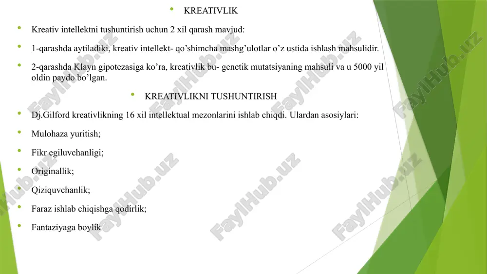 , ruhlantirishga qaratilmog’i kerak. “creato”-lotincha so’z bo’lib, yaratuvchanlik, ijodkorlik degan ma’noni bildiradi.“creato”–so’zi ma’nosi, ijodiy fikr, texnik loyiha, ijodkorlikka moyillik, o’quv –biluv jarayonida mas’uliyat, yaratuvchanlikkreativ pedagogika-ijodkorlik va yaratuvchanlik metodlarini yaratishnio’rganish tushuniladi. “creato” –so’zi ma’nosi, ijodiy fikr, texnik loyiha, ijodkorlikka moyillik, o’quv –biluv jarayonida mas’uliyat, yaratuvchanlik, kreativ pedagogika. demak… “creato” lotincha so’z bo’lib, yaratuvchanlik, ijodkorlik degan ma’noni bildiradi. ijodkorlik va yaratuvchanlik metodlarini yaratishni, o’rganishni kreativ pedagogika deyiladi. agar umumiy ta’lim maktablari birinchi, ikkinchi darajadagi bilimlarni o’rgatsa, oliy ta’lim uchinchi, oliy ta’limdan keyingi ta’lim to’rtinchi darajadagi, ya’ni ilmiy izlanish, magistratura, aspirantura, doktaranturalarda bilim berishni davom ettiriladi.shuni yodda saqlash kerakki, ijodkor yaratuvchi shaxsni tarbiyalash, fanga ma’lum bo’lgan bilimlarning o’zi bilangina kifoyalanmay, olingan, o’zlashtirilgan bilimlar zamirida yangi bilimlarni kashf etishlari bilan muhimdir. https://www.youtube.com/watch?v=zwjzfi4iase&list=ppsv ta’lim ilgaritdan ma’lum bo’lgan predmet “avval hunar o’rgat, keyin shogird o’z hoxishiga ko’ra nima qilsa qilaversin” yo’sinida ish tutish rasm bo’lgan. bunday holda bilim kontseptsiyasi to’rt bosqichda amalga oshiriladi: 1.bilim bilan tanishish, …