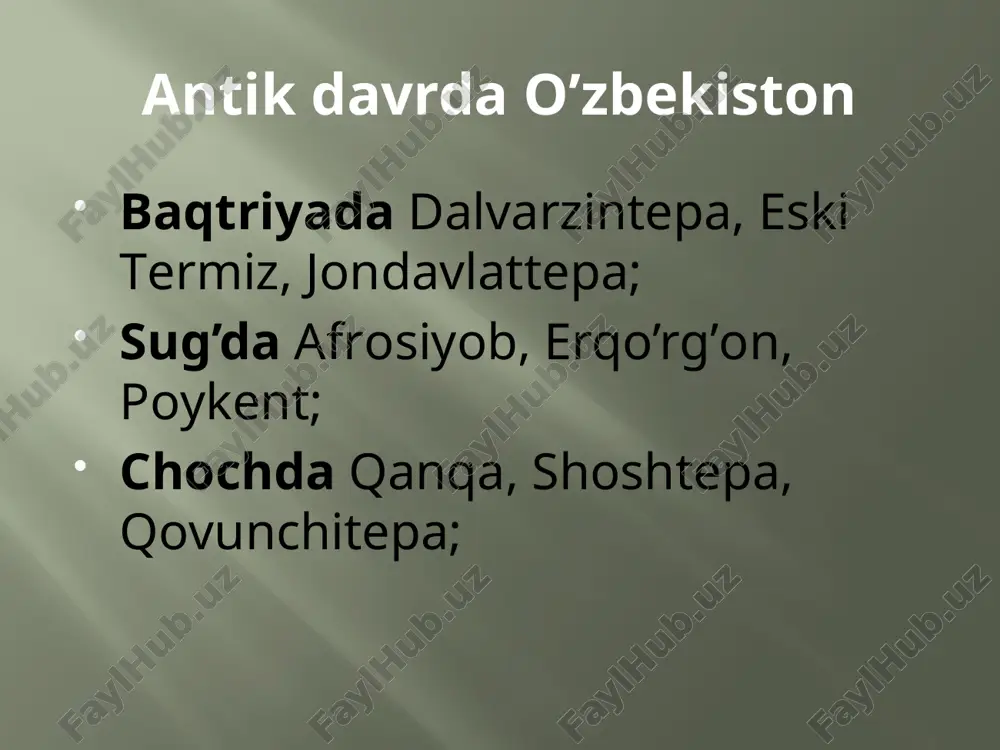 epa 1972 yilda dalvarzintepadan 115 ta oltin buyumlardan tashkil topgan xazina topilgan. mil. ii-iii asrlarga oid. dalvarzintepa atrofida ibodatxonalar bo’lib, ularning harobalaridan buddizmga oid turli haykallar topilgan. dalvarzintepadan ancha uzoq bo’lmagan joyda kushon davriga oid qabriston ochildi. unda odam suyaklari, sopol idishlar, taqinchoqlar, tangalar olindi. uning eng pastki qatlamida murdalar xumga ko’milgan. bunga o’xshash qabristonlar tojikistondagi tulhar, ko’kqum, oriqtov, turkmanistondagi babashov qabristonlaridir. taqinchoq va to`g`nog`ich.dalvarzintepa. mil. i asr devoriy surat. dalvarzintepa zartepa 1972 yilda angor tumanidan 16 gektarni egallagan zartepa shahar harobasi topildi. bu erdan ibodatxona, buddaning oltin suvi yuritilgan boshi va gavdasi topilgan. buddistlarning saqlanib qolgan stupasidan bitta oltin plastinka ko’zacha va yunon tangalari: vasudeva i tangalari (ular 500 dan ortiq tanga) topildi. zartepaning 100 metrli mudofaa devori ham o’rganildi. mil.av i asrga mansub. qadimda mazkur shaharning 4 ta darvozasi bo’lgan. budda haykali budda haykali. oq marmar toshdan ishlangan. image2.png image3.jpeg image4.jpeg image5.png image6.jpeg image7.jpeg image8.jpeg image9.jpeg image10.jpeg image11.jpeg …