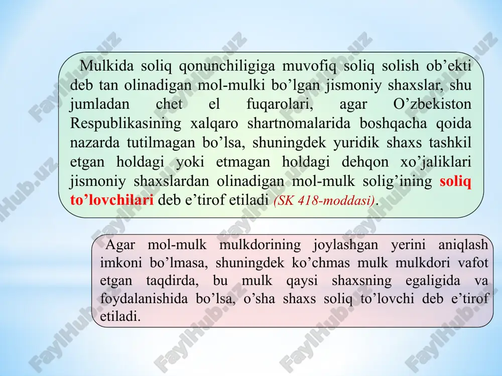 gan yashash uchun mo’ljallanmagan ob’ektlarga nisbatan soliq stavkasi 4 foiz miqdorida belgilanadi. 13 14 bo’sh turgan binolar, foydalanilmayotgan ishlab chiqarish maydonlari, yashash uchun mo’ljallanmagan inshootlar, shuningdek qurilishi tugallanmagan ob’ektlarga nisbatan qonun hujjatlarida oshirilgan soliq stavkalarini belgilash yo’li bilan yuridik shaxslar uchun nazarda tutilgan ta’sir choralari qo’llanilishi mumkin. 14 15 quyidagilarning mulkida bo’lgan mol-mulk soliq solishdan ozod etiladi: 1) «o’zbekiston qahramoni», sovet ittifoqi qahramoni, mehnat qahramoni unvonlariga sazovor bo’lgan, uchala darajadagi shuhrat ordeni bilan taqdirlangan fuqarolarning. mazkur imtiyoz tegishincha «o’zbekiston qahramoni» unvoni berilganligi to’g’risidagi guvohnoma, sovet ittifoqi qahramoni, mehnat qahramoni daftarchalari, orden daftarchasi yoki mudofaa ishlari bo’yicha bo’limning ma’lumotnomasi asosida beriladi; 2) urush nogironlari va qatnashchilari, shuningdek doirasi qonun hujjatlari bilan belgilanadigan ularga tenglashtirilgan shaxslar. mazkur imtiyoz urush nogironining (qatnashchisining) tegishli guvohnomasi yoki mudofaa ishlari bo’yicha bo’limning yoxud boshqa vakolatli organning ma’lumotnomasi asosida, boshqa nogironlarga (qatnashchilarga) esa nogironning (qatnashchining) imtiyozlarga bo’lgan huquqi to’g’risidagi guvohnoma asosida beriladi; 15 3) sobiq sssrni, o’zbekiston …